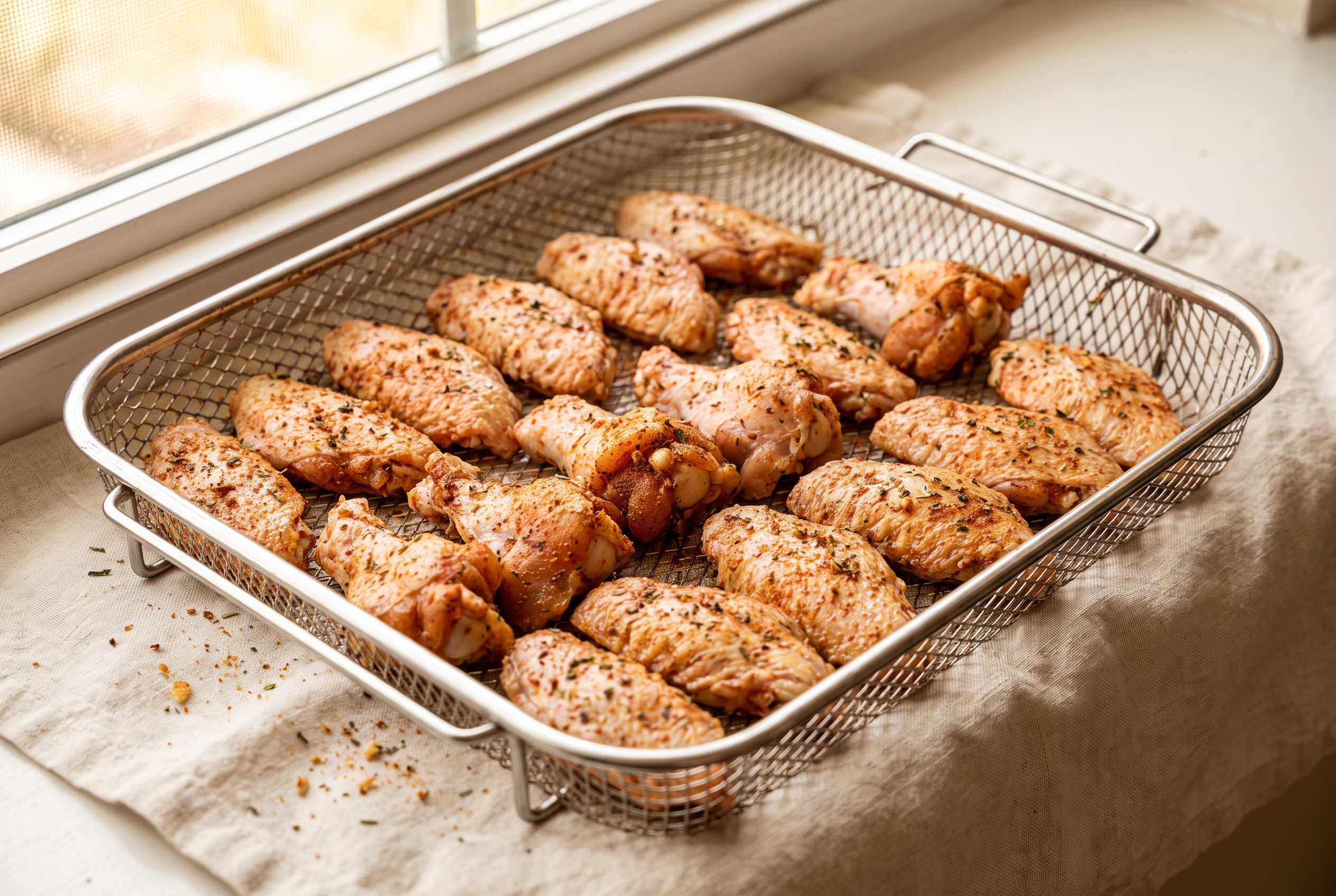 Seasoned chicken wings arranged in a single layer in an air fryer basket