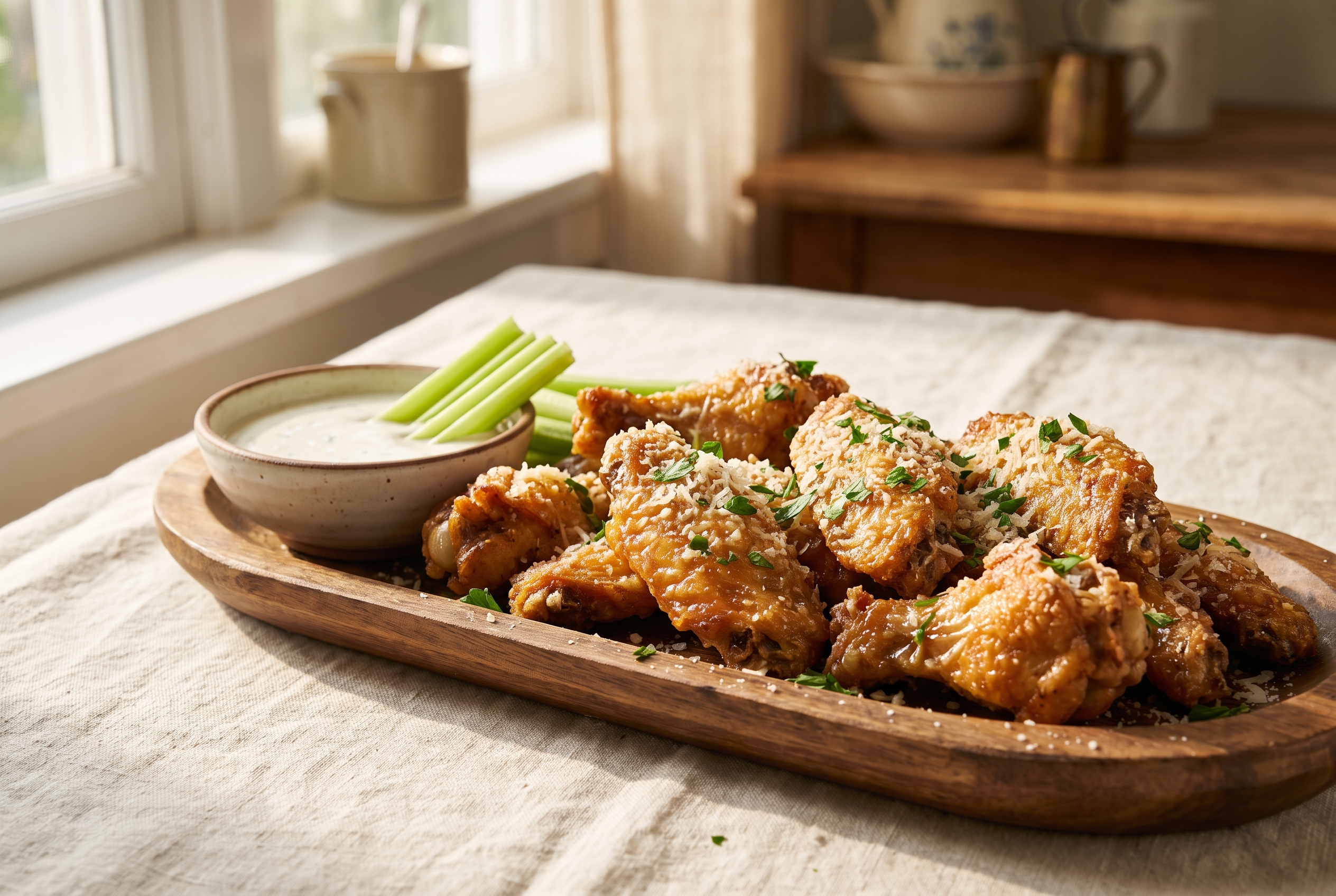 Platter of garlic parmesan air fryer chicken wings with ranch and celery — crispy 30-minute high protein air fryer recipe
