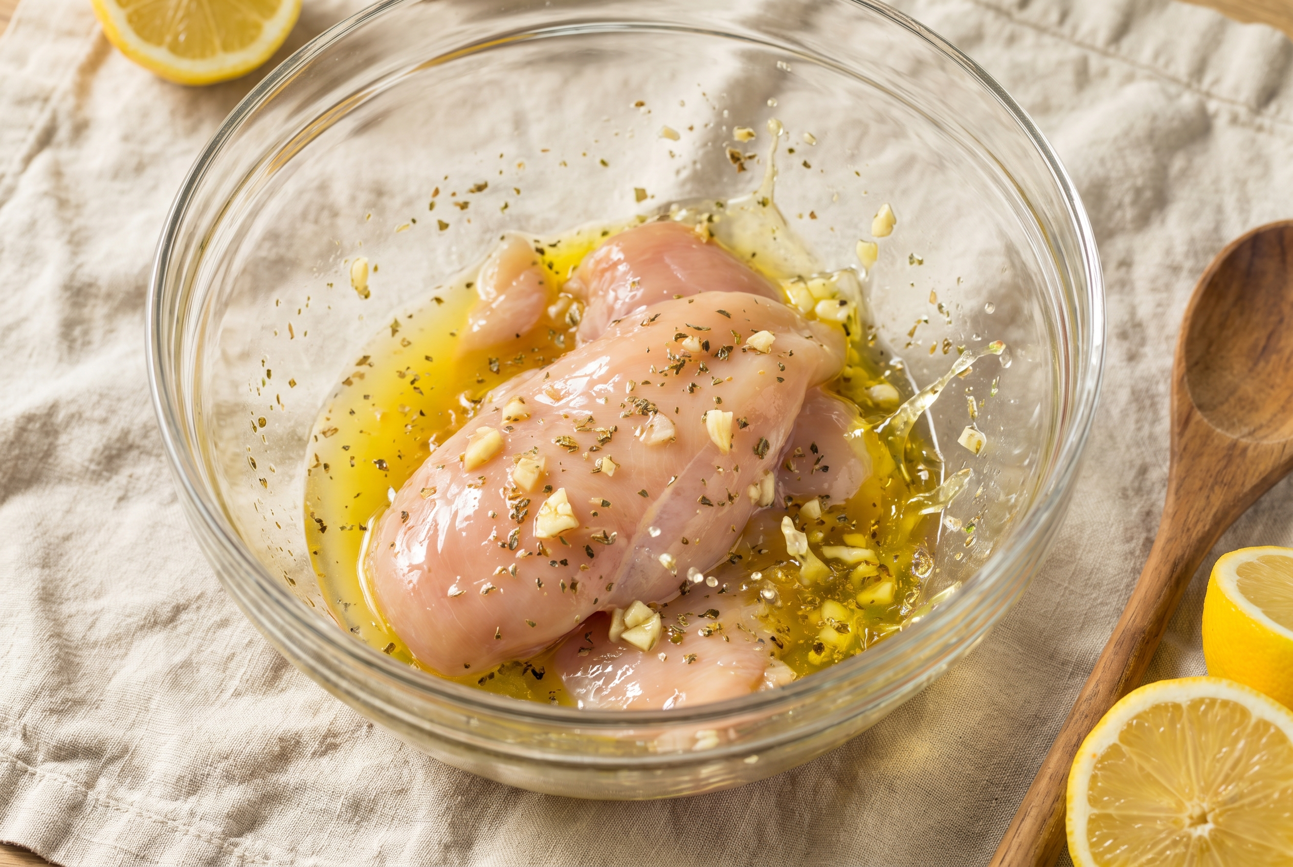 Chicken breasts being tossed in a lemon, olive oil, garlic and oregano marinade for Greek chicken bowls