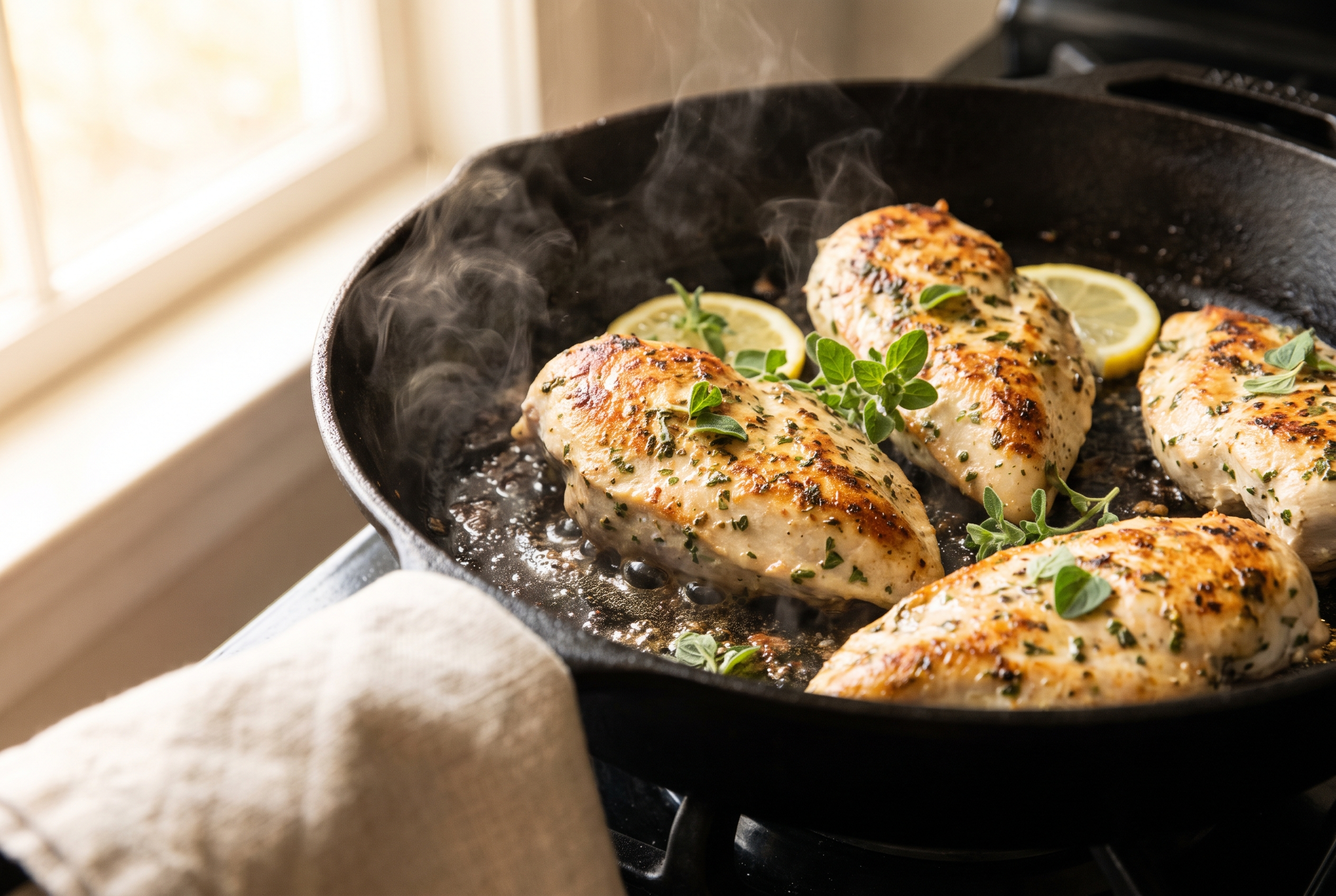 Lemon oregano chicken breasts searing golden brown in a cast iron skillet