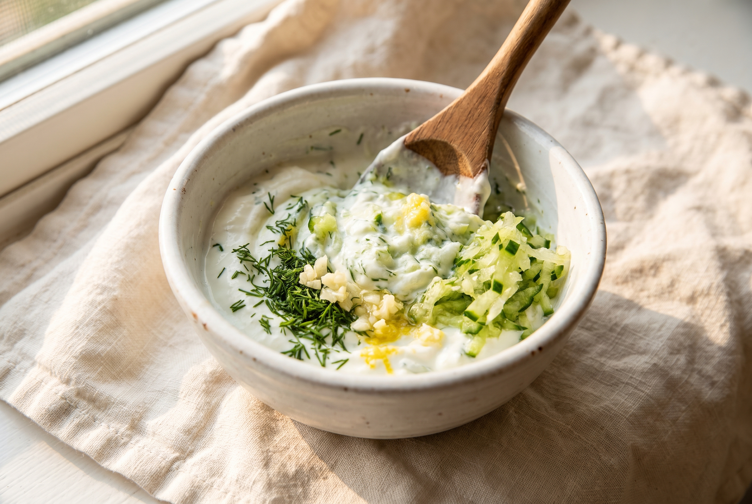 Homemade tzatziki being stirred together from Greek yogurt, grated cucumber, dill, garlic and lemon