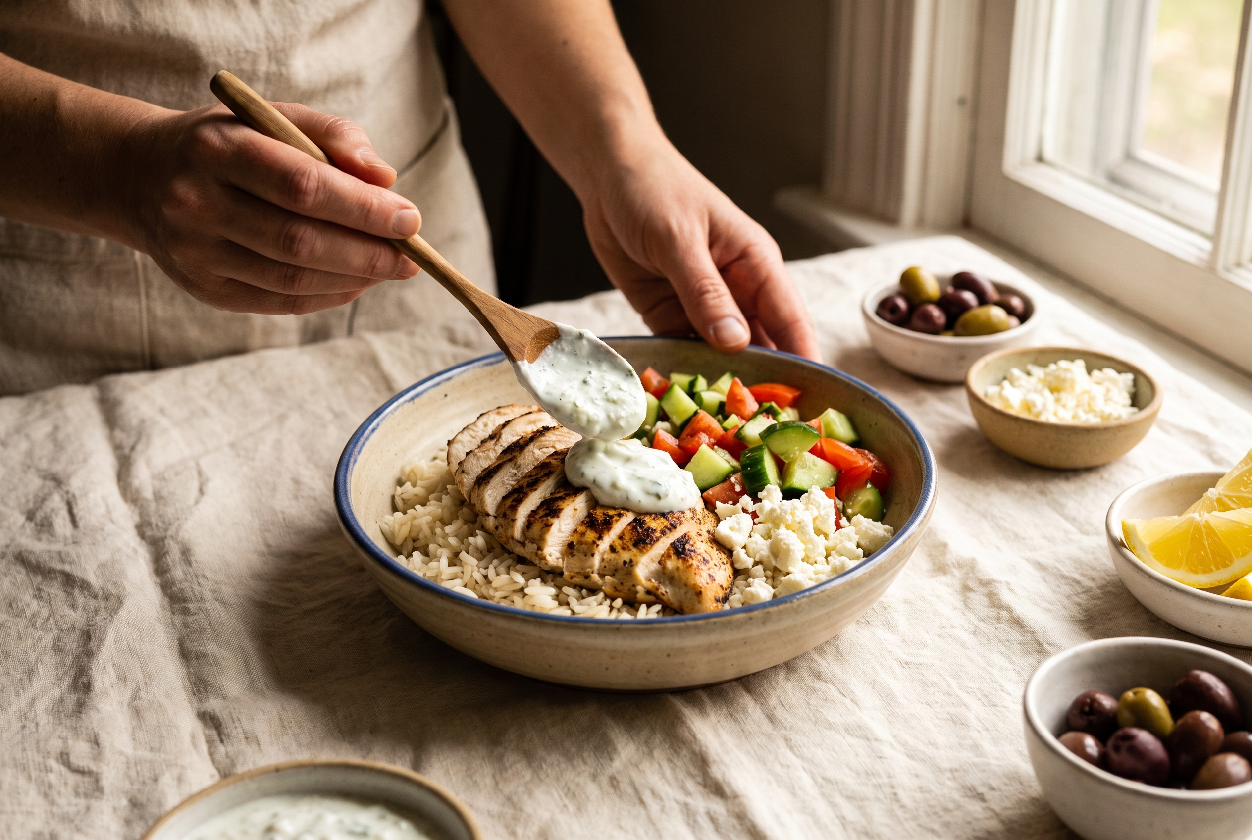 Assembling a Greek chicken bowl — spooning tzatziki over sliced chicken, rice, cucumber tomato salad and feta