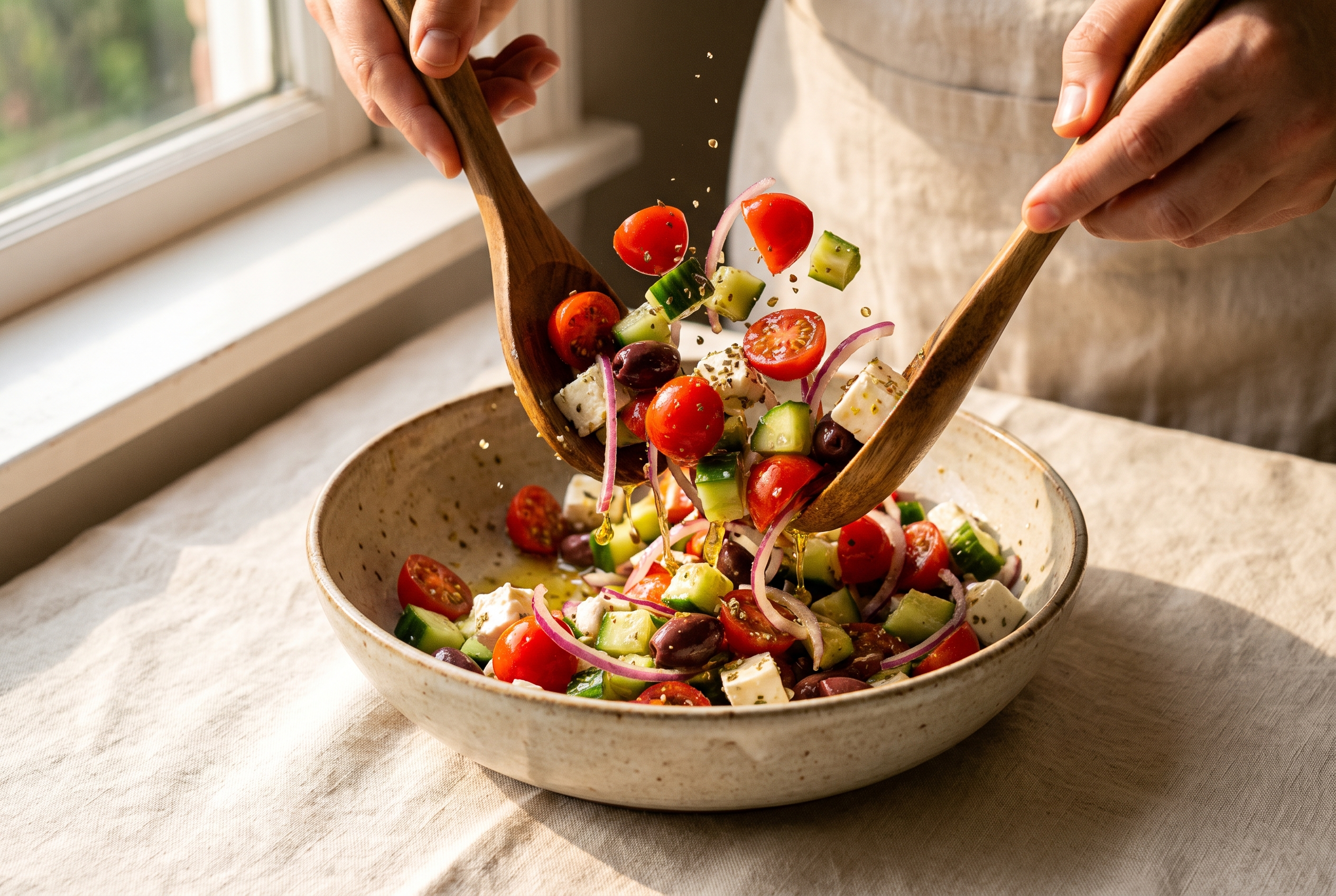 Greek cucumber tomato salad with red onion and kalamata olives being tossed with olive oil and red wine vinegar