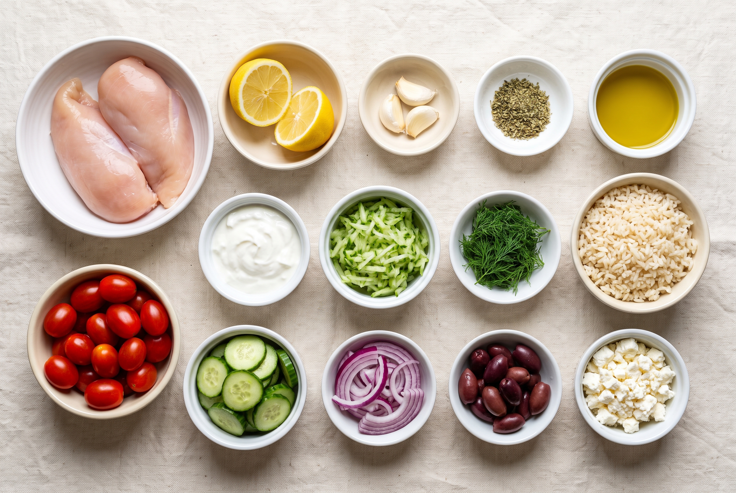 Ingredients for Greek chicken bowls in small bowls — chicken breasts, lemon, garlic, oregano, olive oil, Greek yogurt, cucumber, dill, rice, cherry tomatoes, red onion, kalamata olives and feta