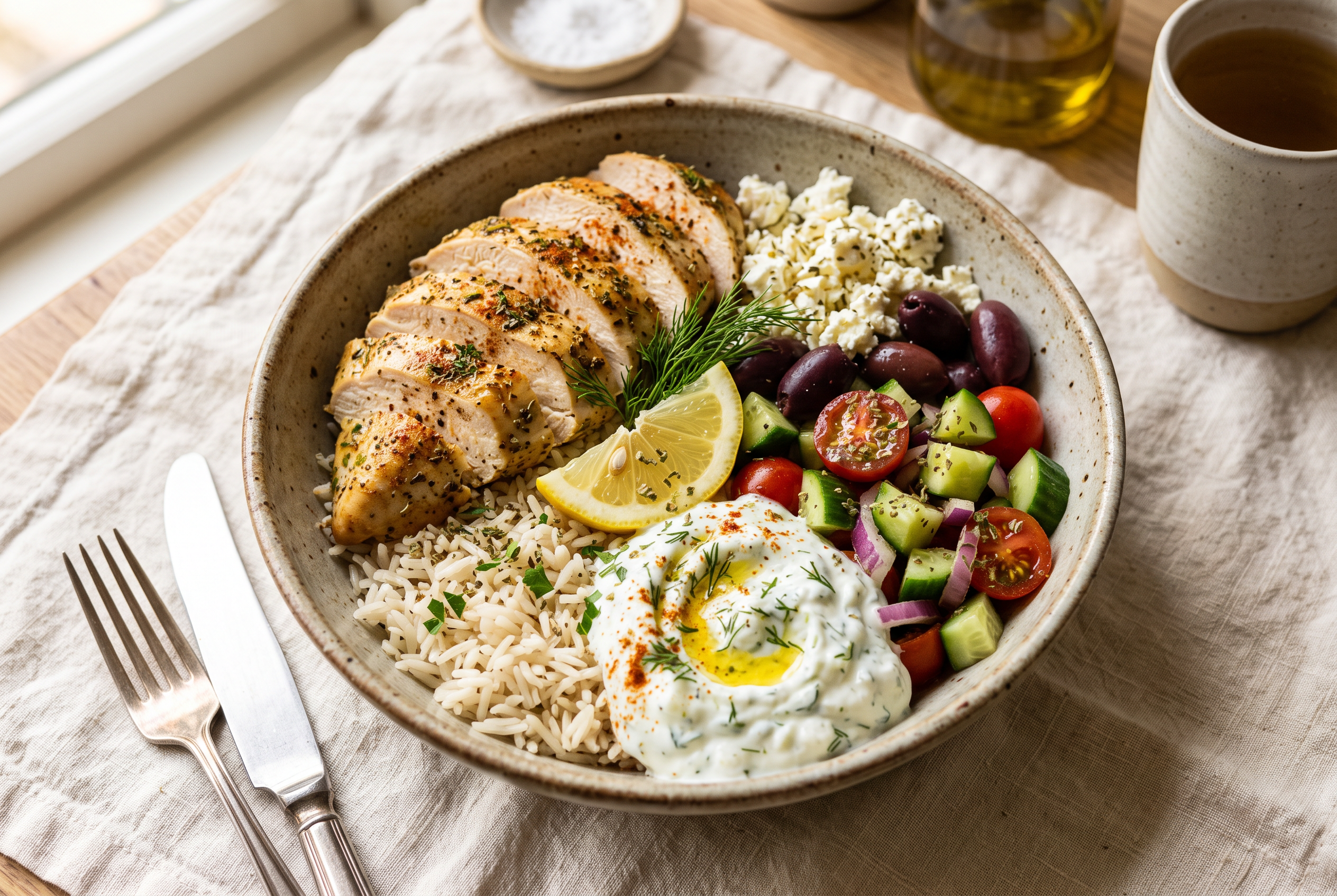 Greek chicken bowls — lemon oregano chicken over rice with cucumber tomato salad, feta, olives and tzatziki