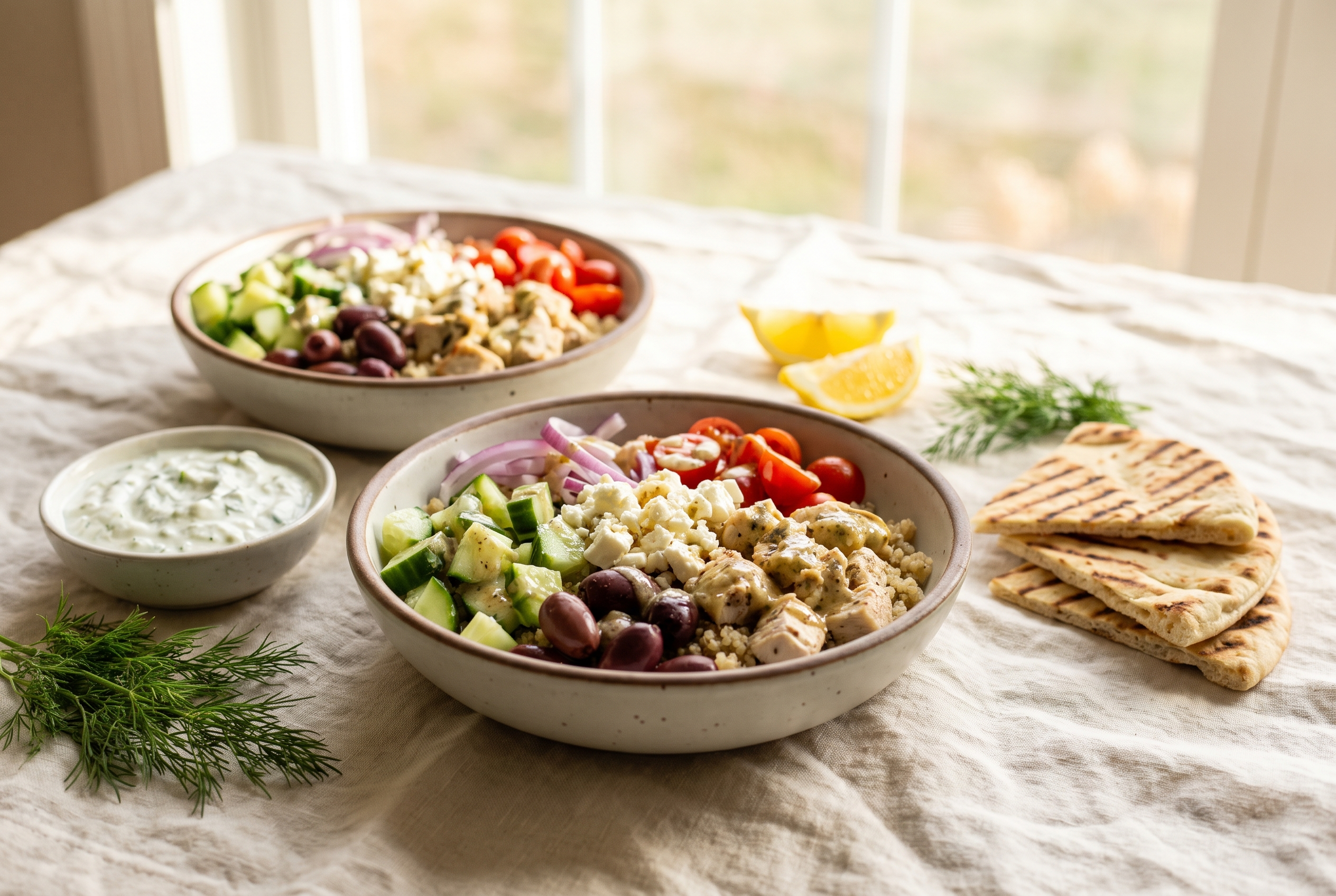 Two finished Greek chicken bowls with tzatziki, lemon wedges, pita and fresh dill — easy healthy 30-minute high protein dinner