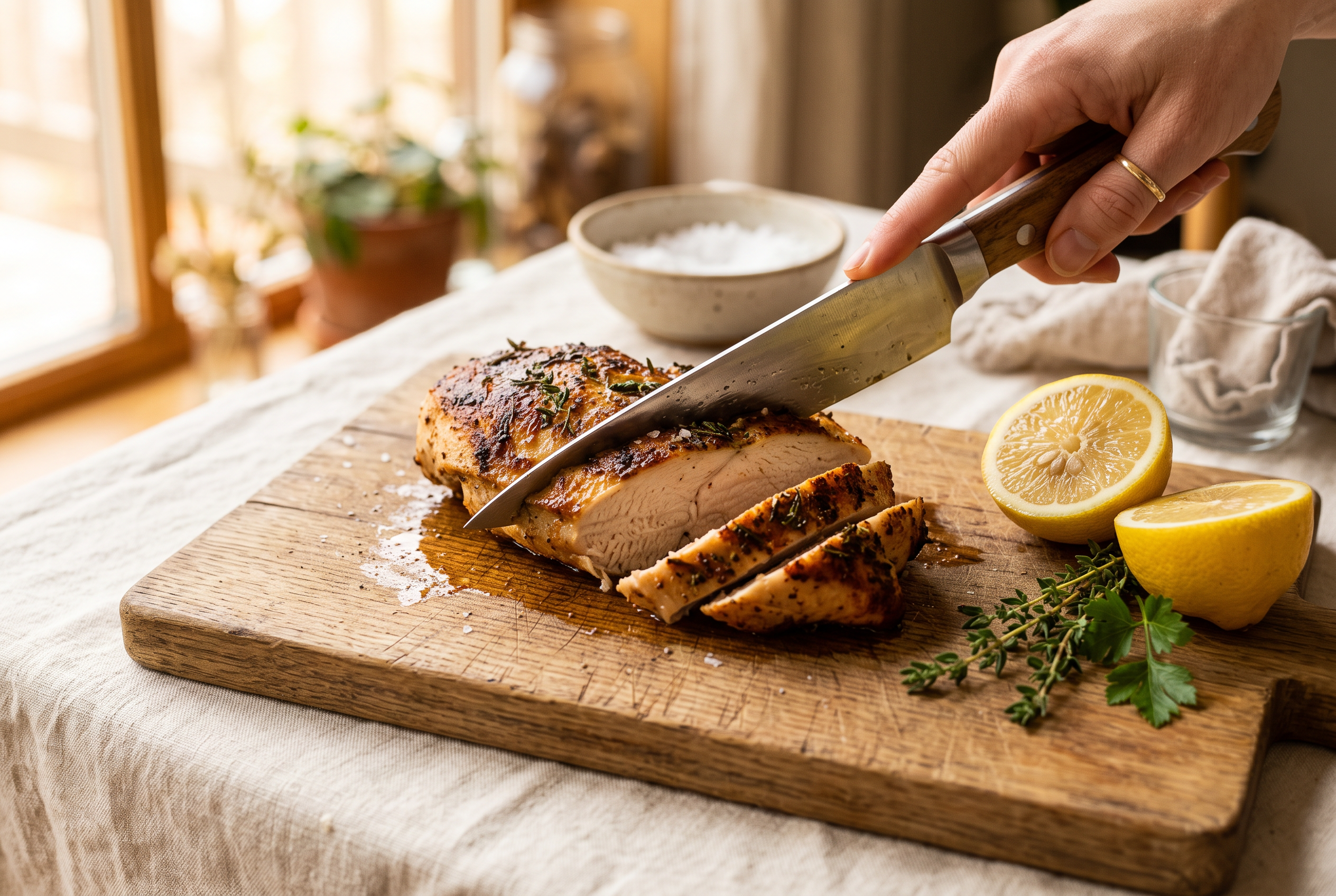 Golden seared lemon oregano chicken breast being sliced into strips on a cutting board