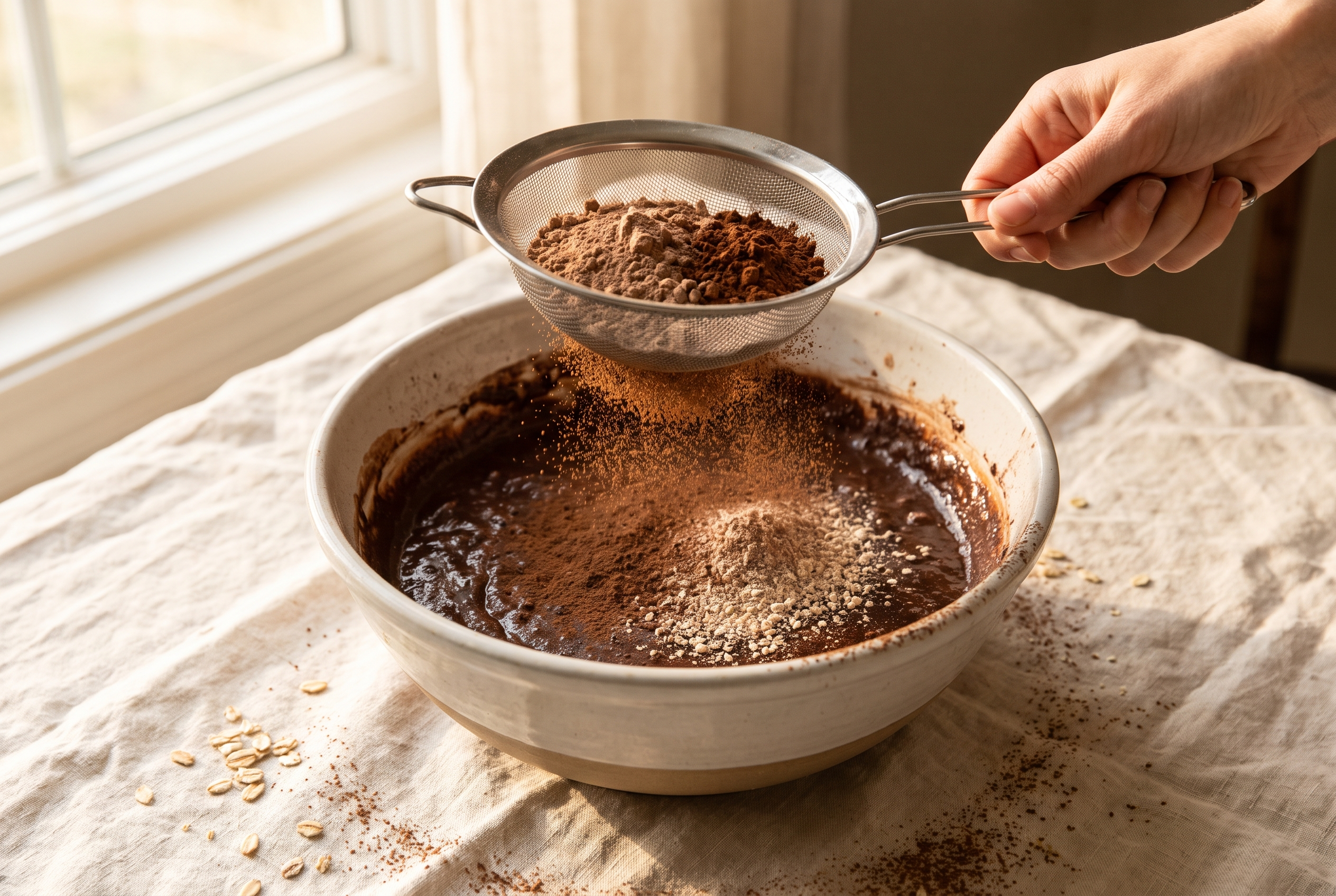 Chocolate protein powder, cocoa and oat flour being sifted into brownie batter