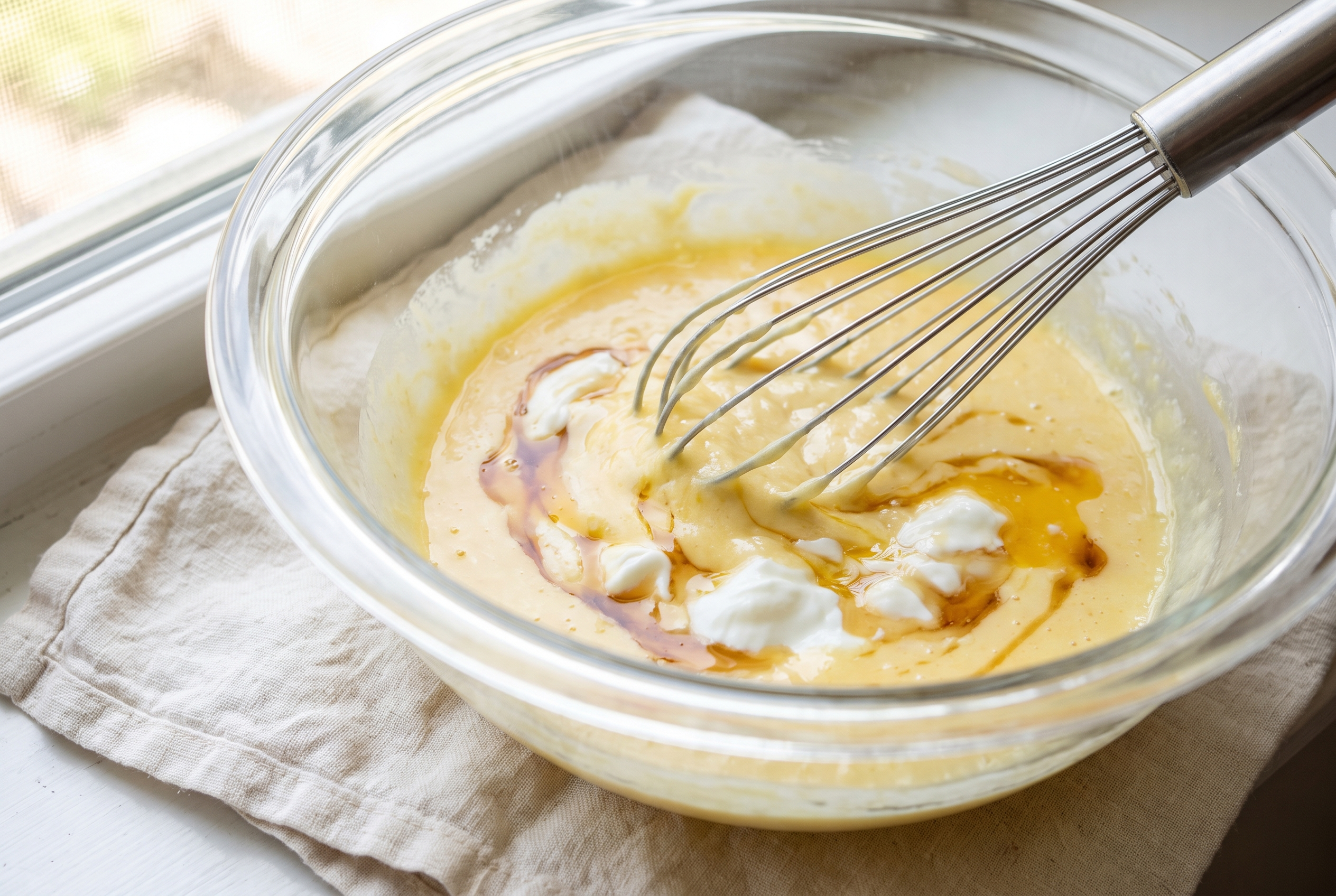Eggs, Greek yogurt and maple syrup being whisked smooth in a glass mixing bowl