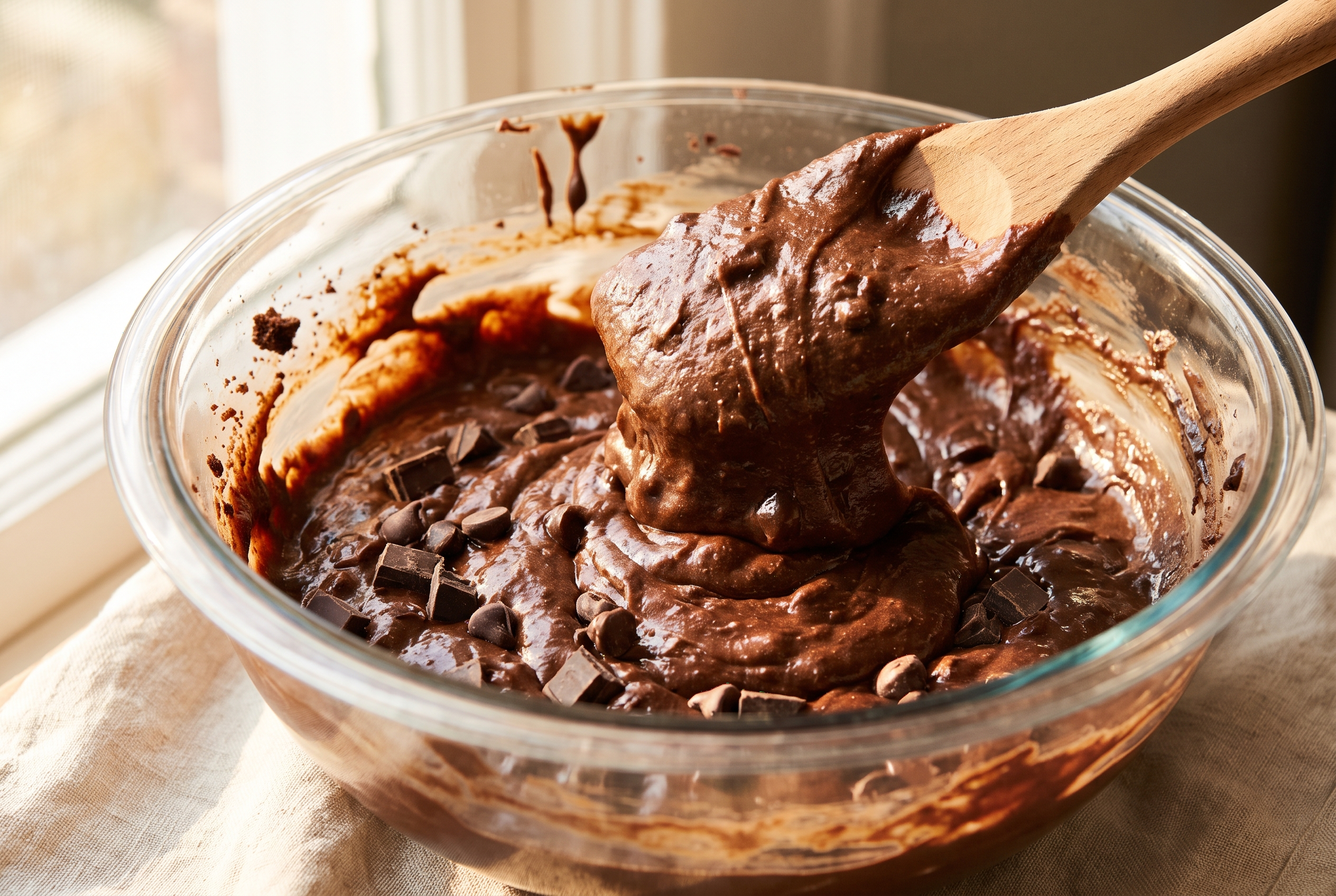 Thick glossy protein brownie batter being folded with dark chocolate chips