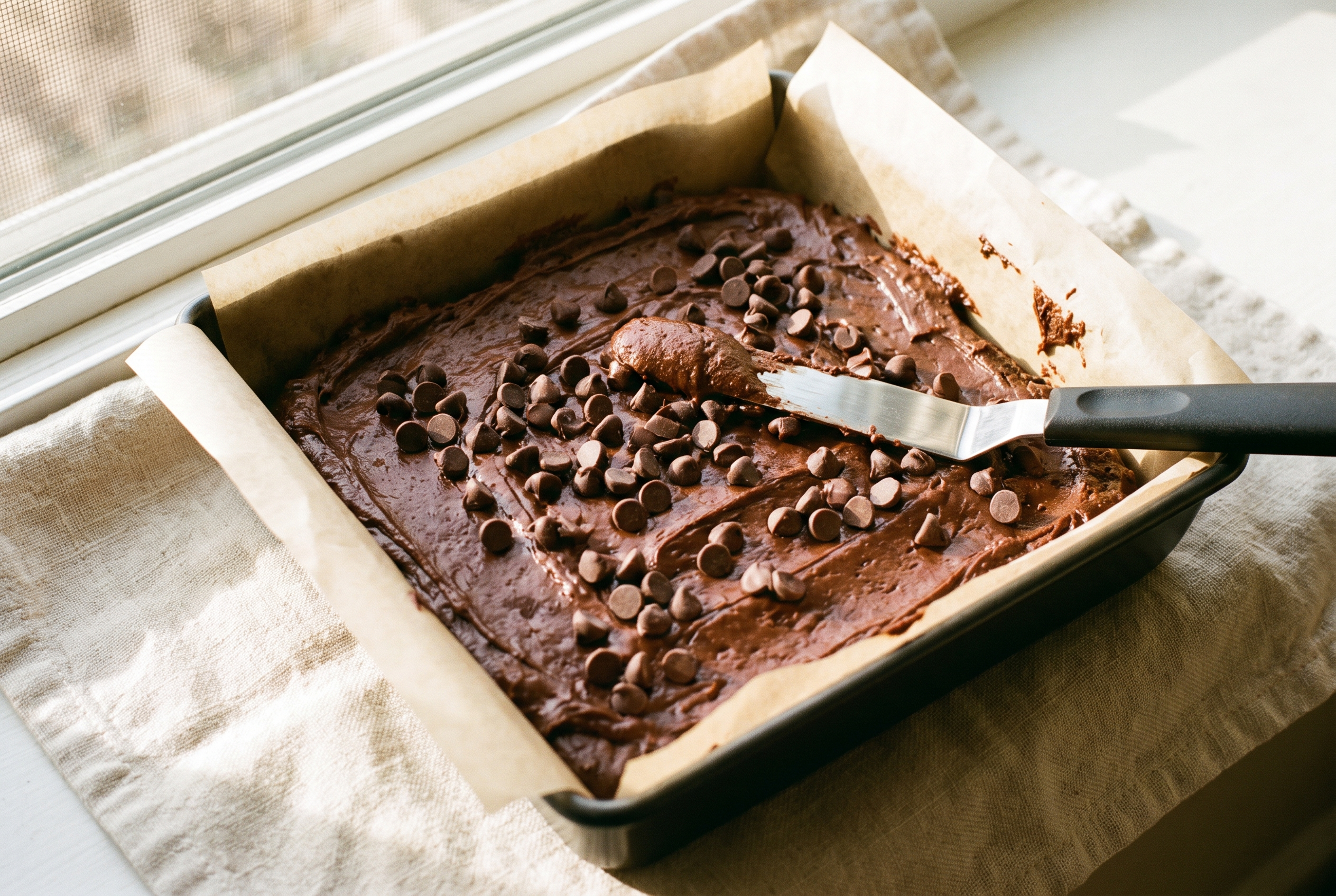 Protein brownie batter spread into a parchment-lined 8x8 pan and topped with chocolate chips before baking