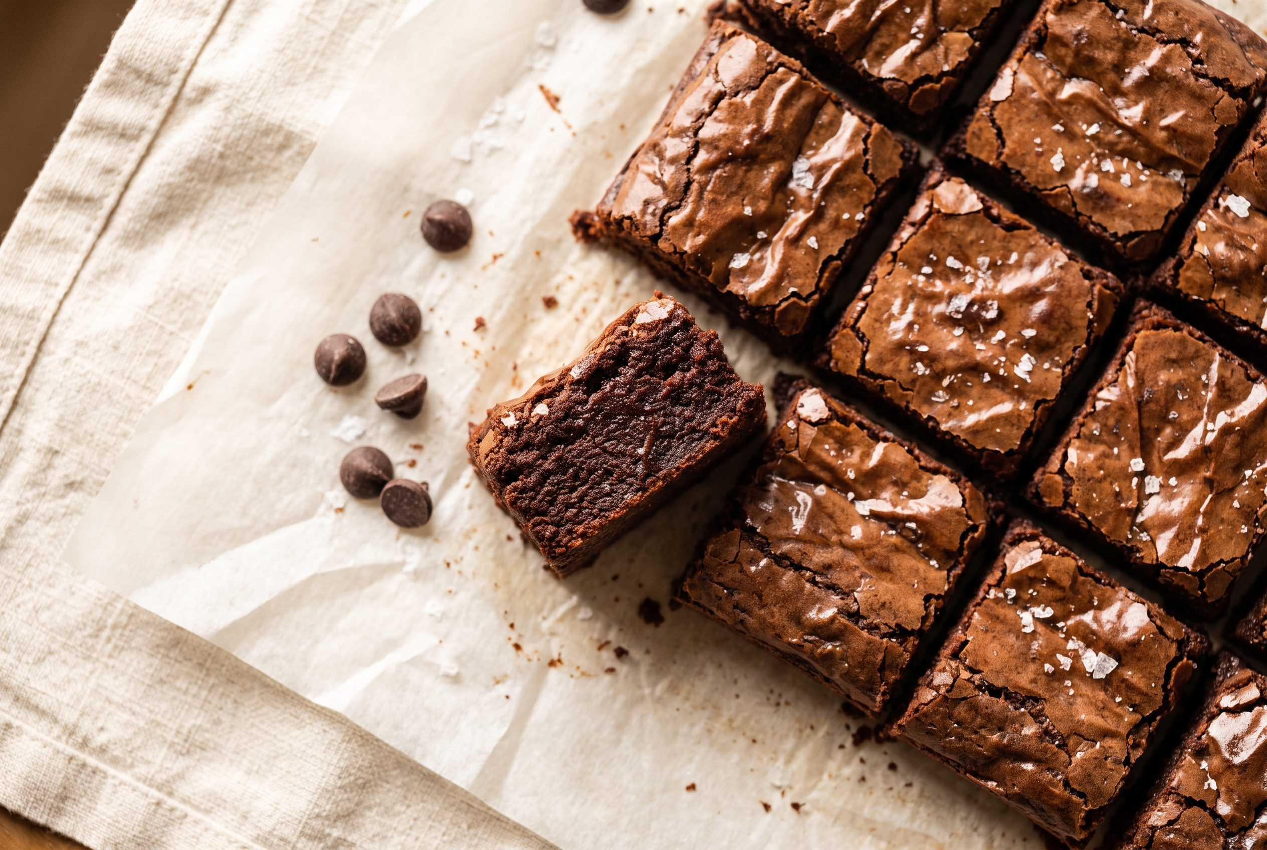 Fudgy protein brownies cut into squares with glossy tops and chocolate chips