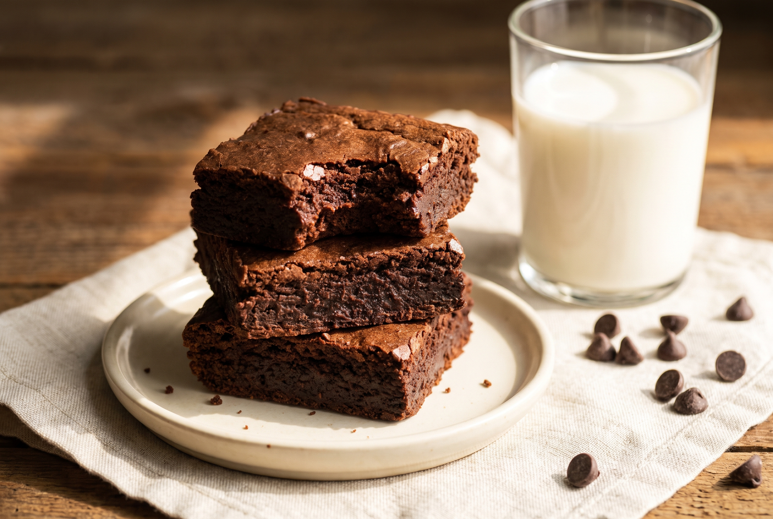 Stack of fudgy protein brownies on a plate with a bite taken showing the dense chocolate interior, glass of milk beside — easy high protein dessert