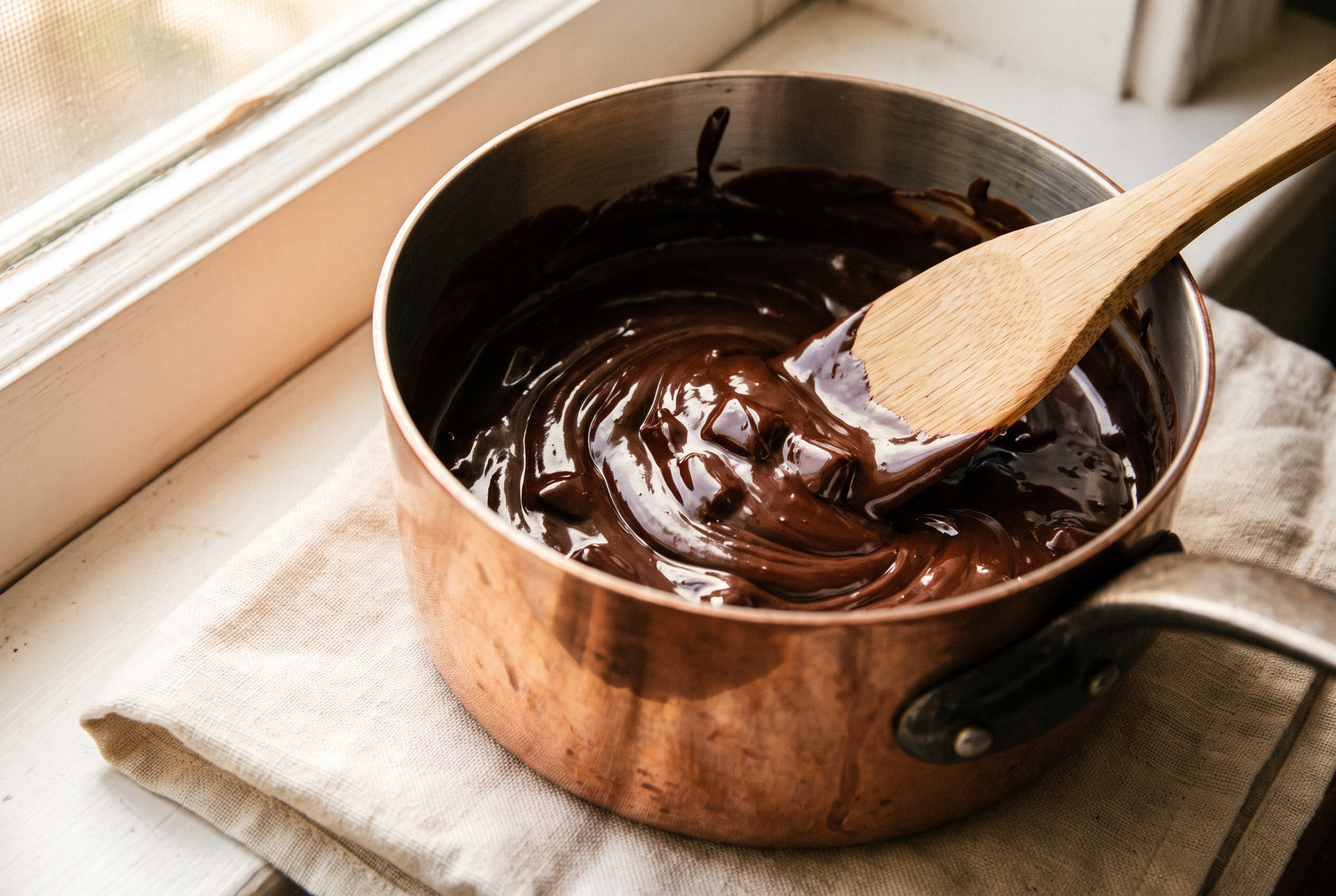 Dark chocolate being melted and stirred glossy in a small saucepan for protein brownies