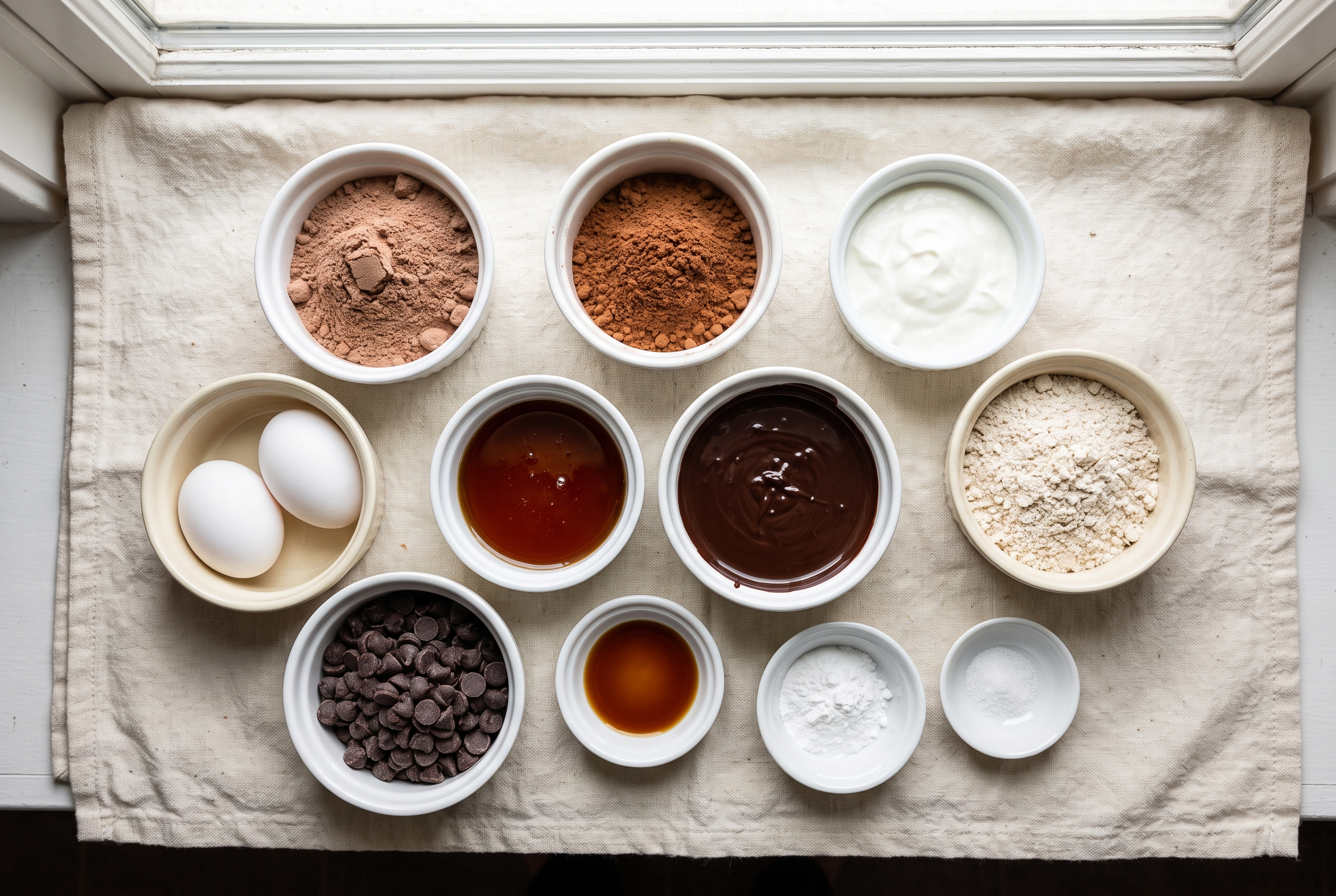 Ingredients for fudgy protein brownies in small bowls — chocolate protein powder, cocoa, Greek yogurt, eggs, maple syrup, melted dark chocolate, oat flour, chocolate chips, vanilla and baking powder