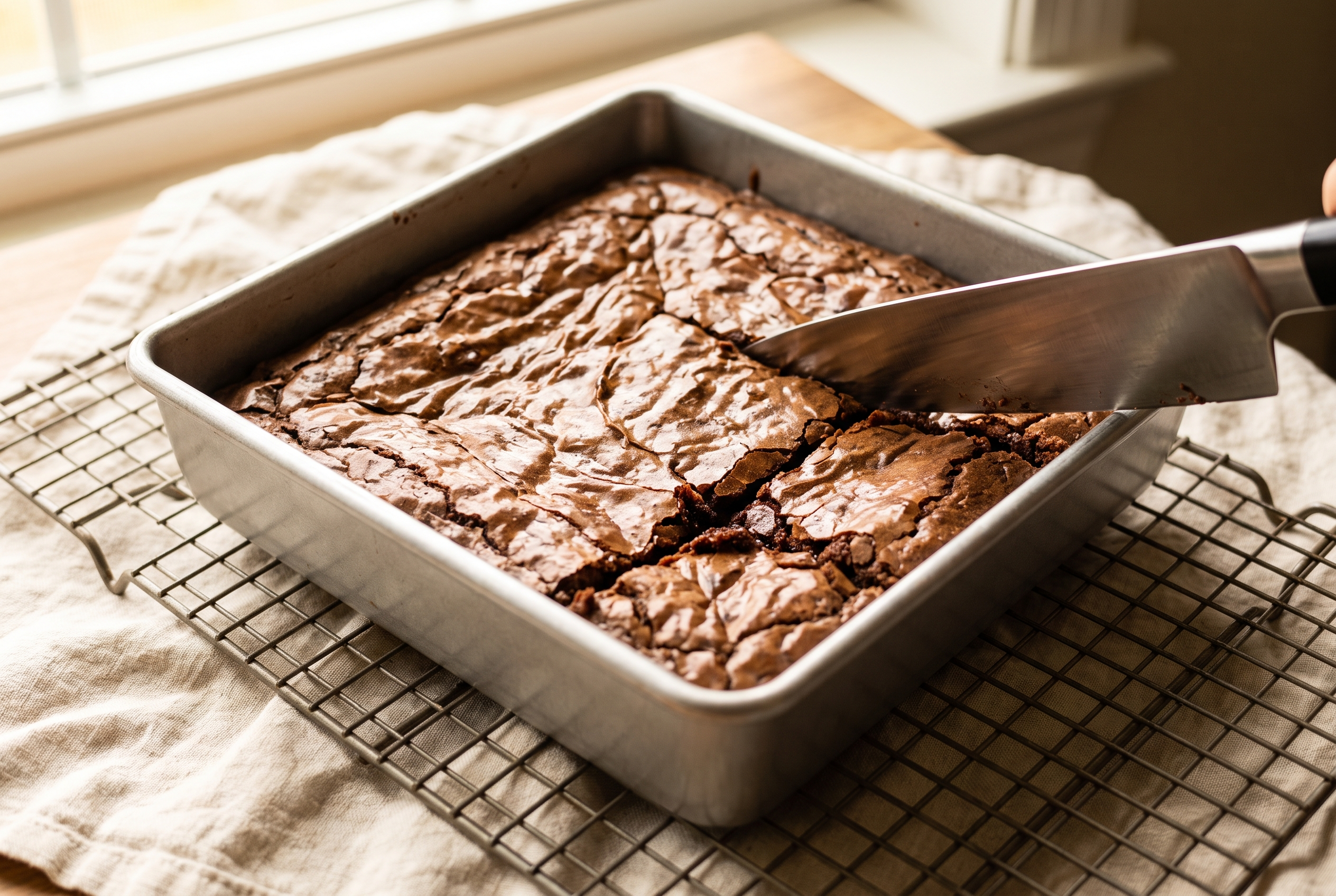 Baked pan of fudgy protein brownies cooling on a wire rack and being cut into squares