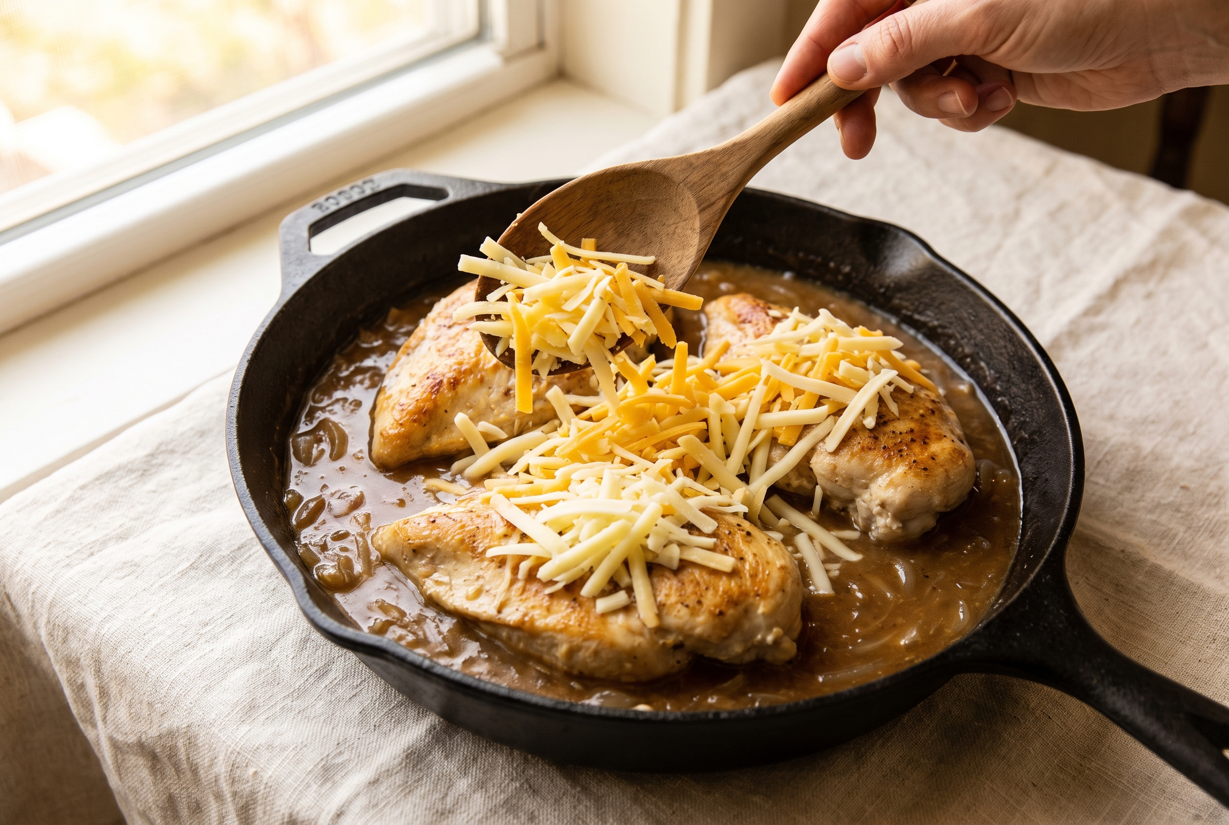 Shredded gruyere and provolone cheese piled on chicken breasts in caramelized onion gravy before broiling