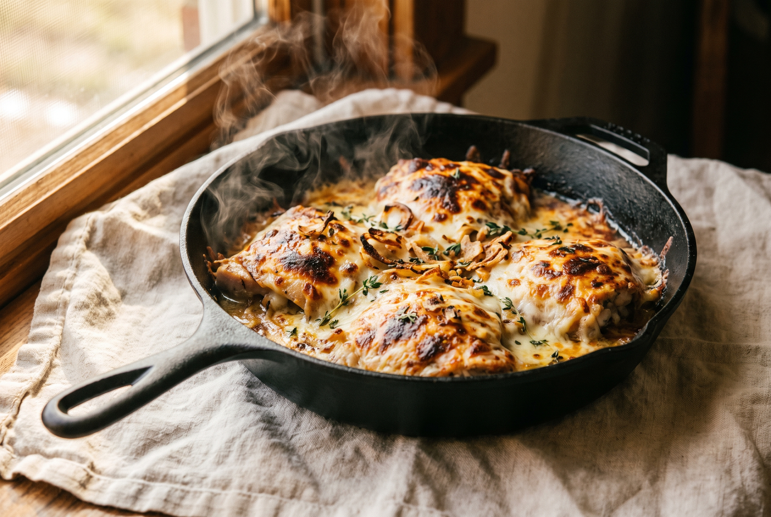 French onion chicken fresh from the broiler with melted bubbling golden gruyere on top