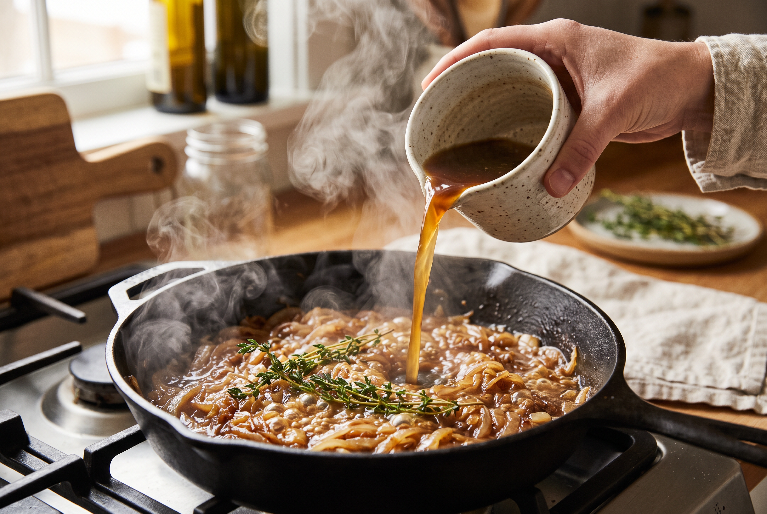 Beef broth being poured into caramelized onions with thyme to make French onion gravy