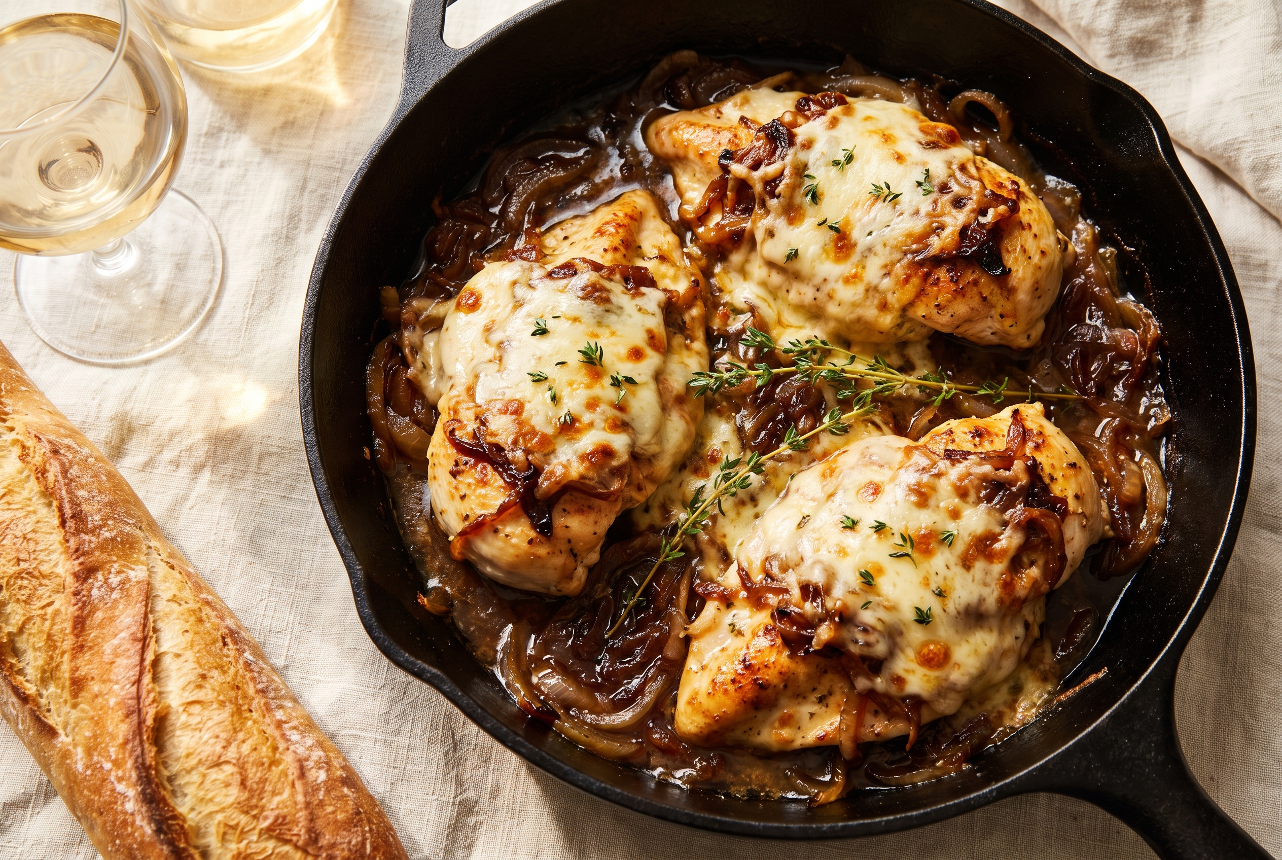 French onion chicken — golden seared chicken in caramelized onion gravy under melted gruyere