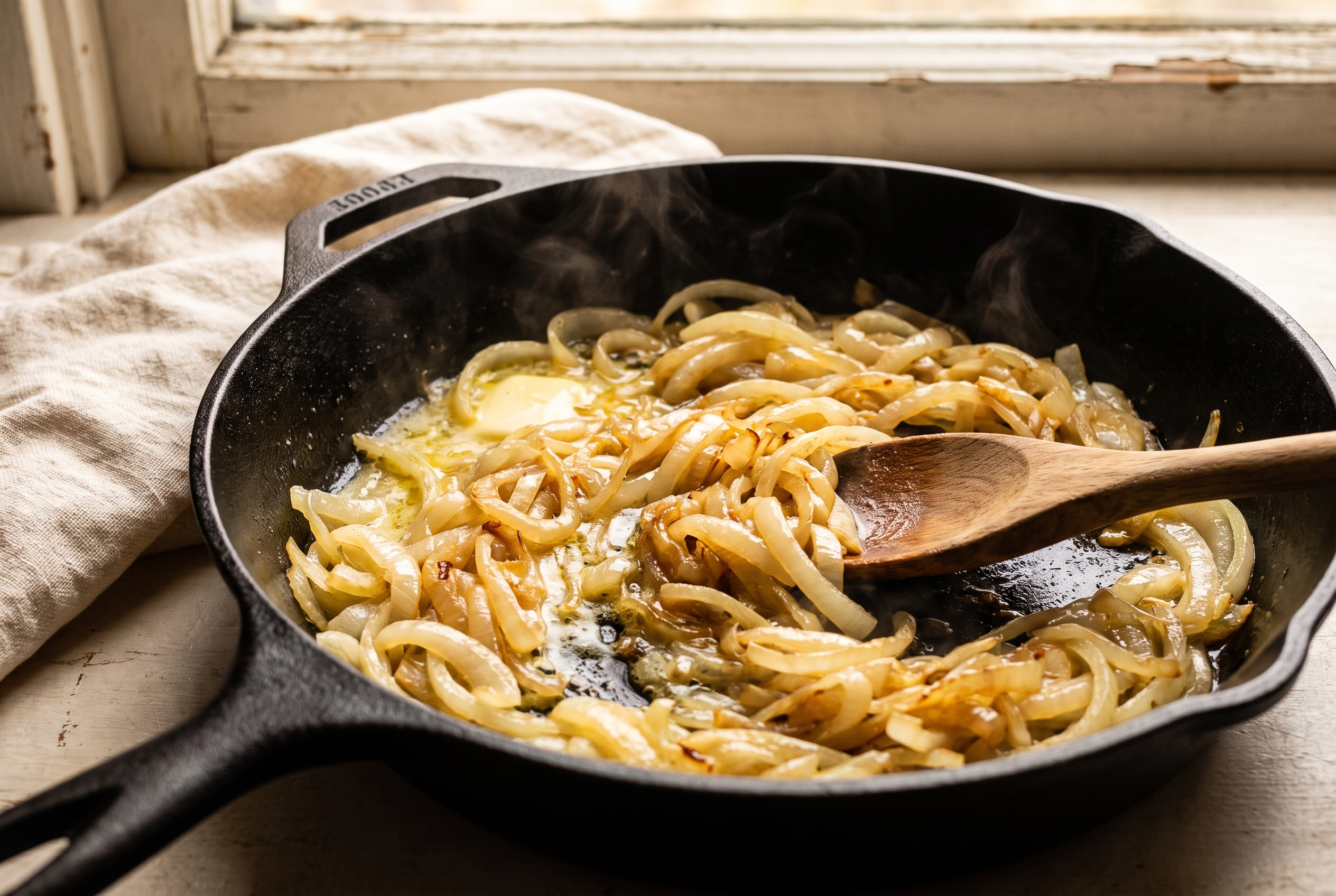Sliced yellow onions caramelizing in butter in a cast iron skillet for French onion chicken