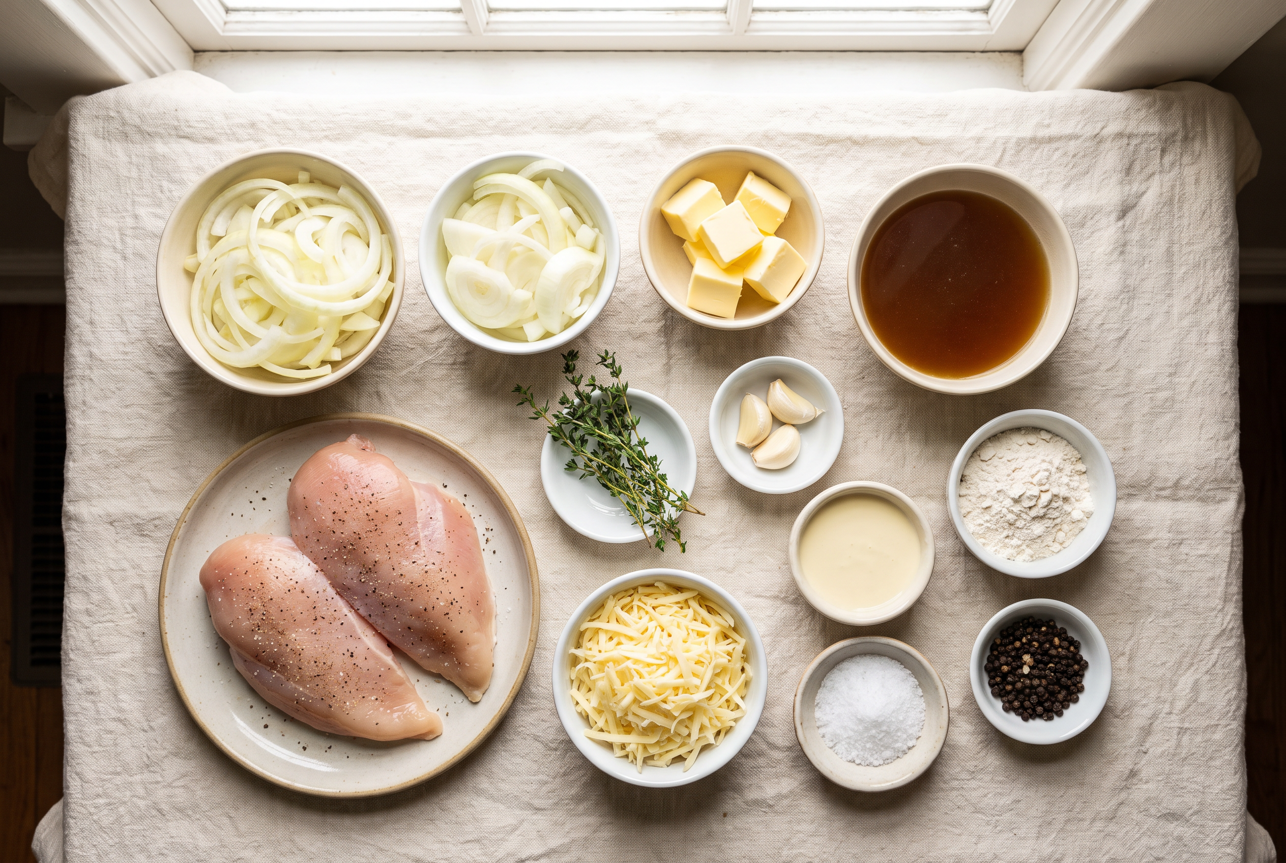Ingredients for French onion chicken in small bowls — chicken breasts, sliced yellow onions, butter, beef broth, fresh thyme, garlic, shredded gruyere and flour