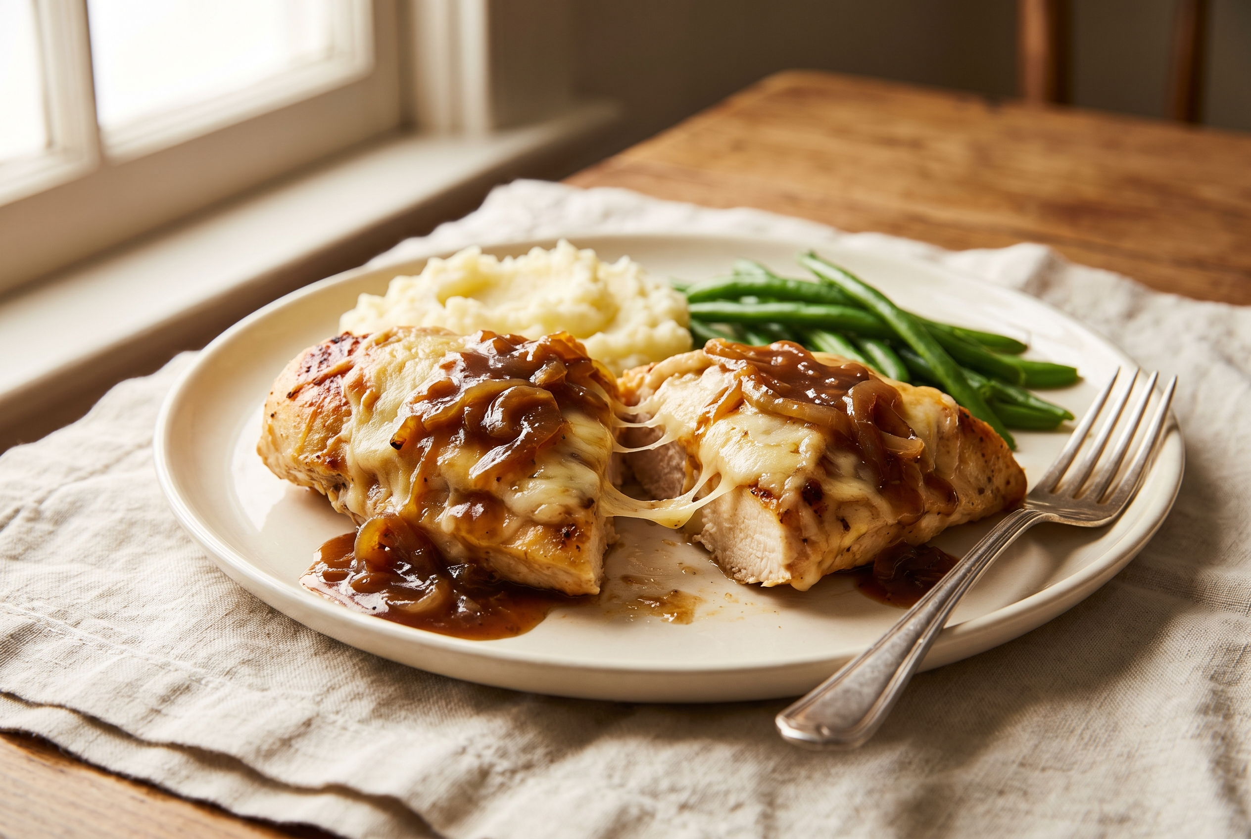 French onion chicken plated with mashed potatoes and green beans, caramelized onion gravy spooned over — easy 40-minute high protein dinner recipe