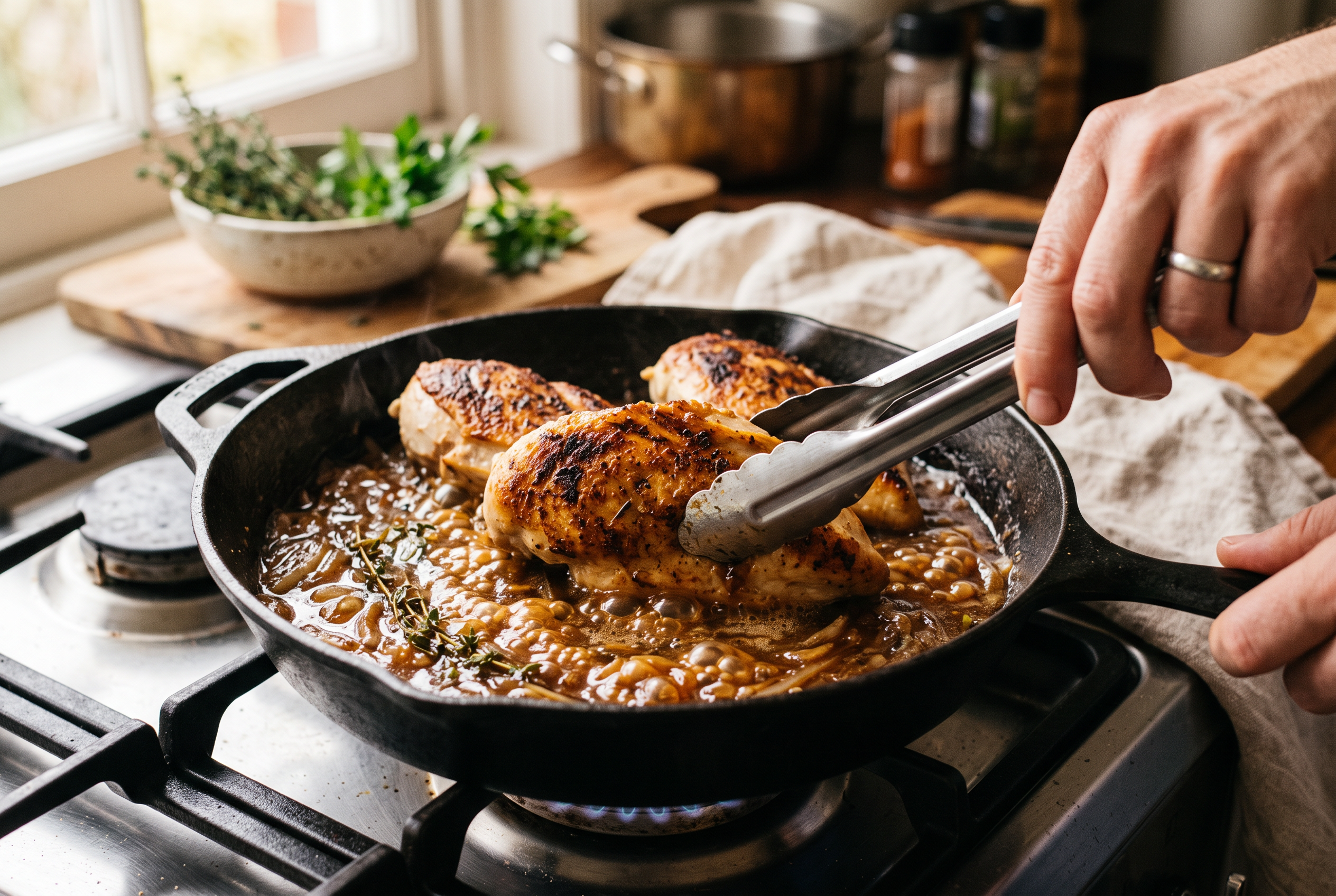 Seared chicken cutlets nestled back into a skillet of caramelized onion gravy, simmering