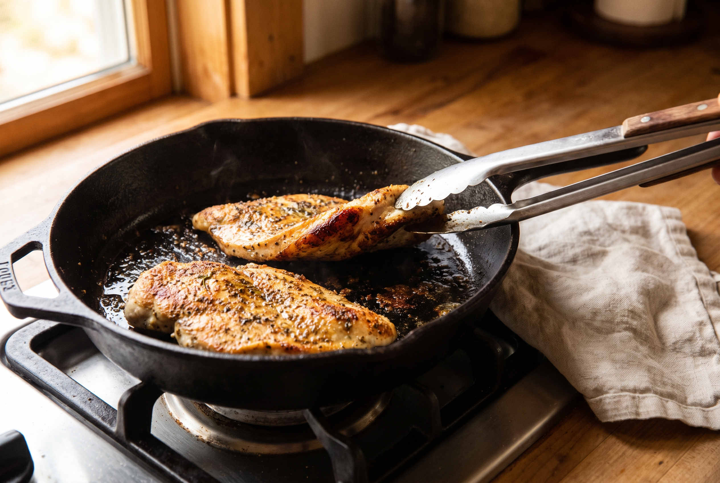 Seasoned chicken cutlets searing golden brown in a cast iron skillet for French onion chicken