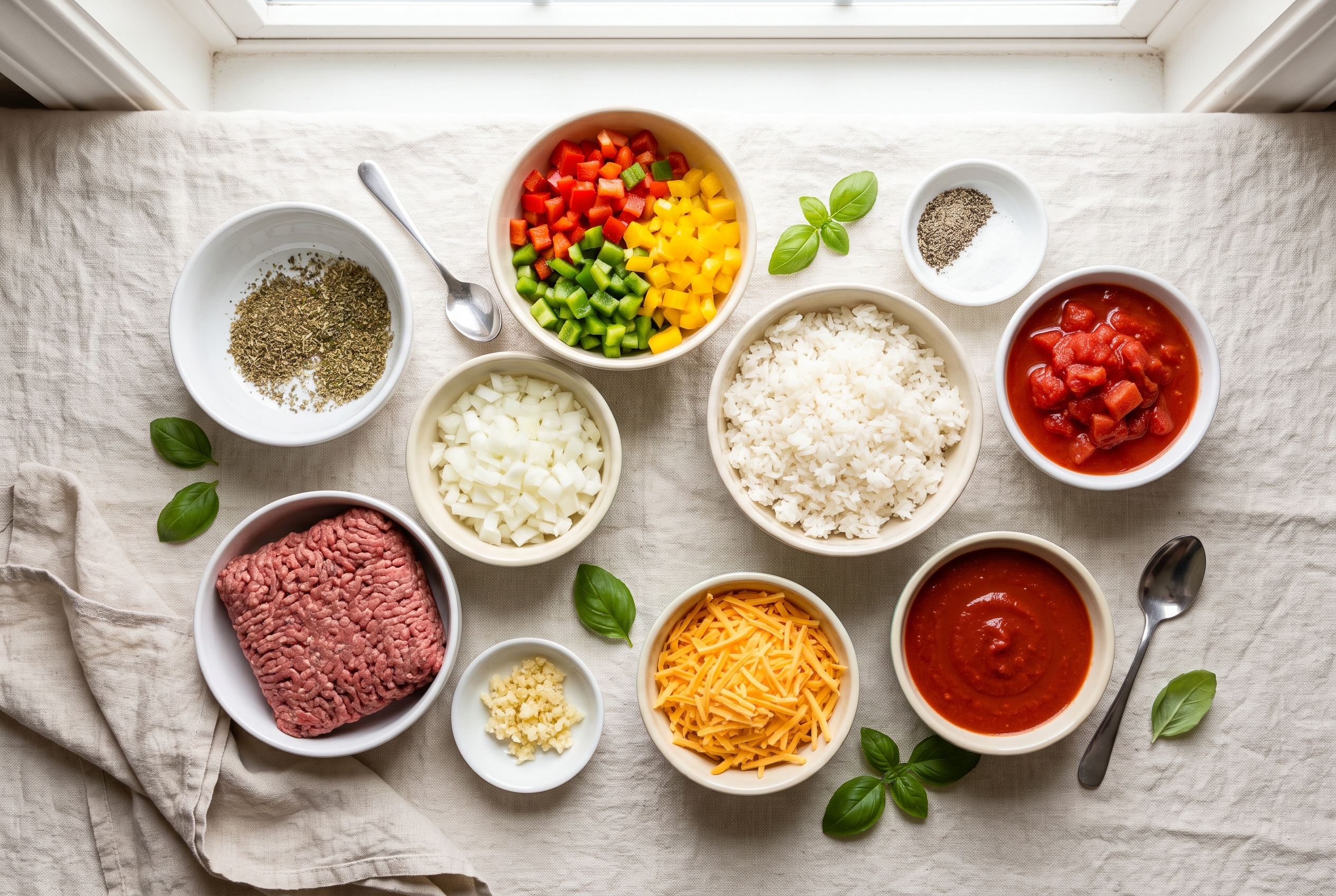 Ingredients for stuffed pepper casserole in small bowls — ground beef, diced red and green bell peppers, onion, cooked rice, diced tomatoes, tomato sauce, shredded cheddar and Italian seasoning