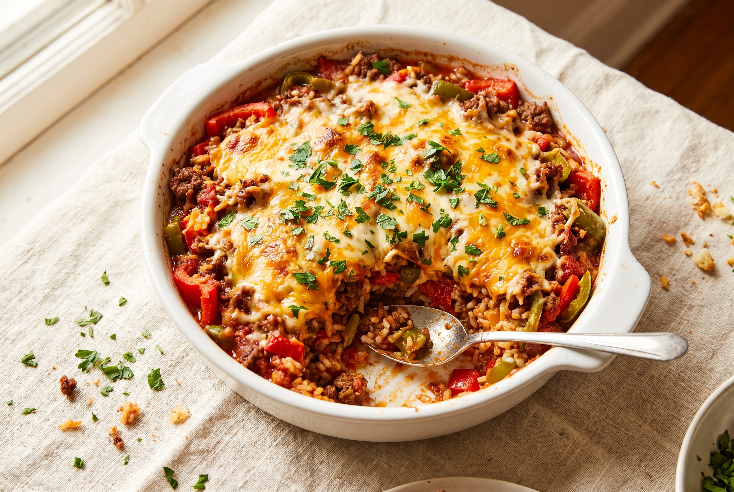 Stuffed pepper casserole — ground beef, rice and bell peppers baked under melted cheddar