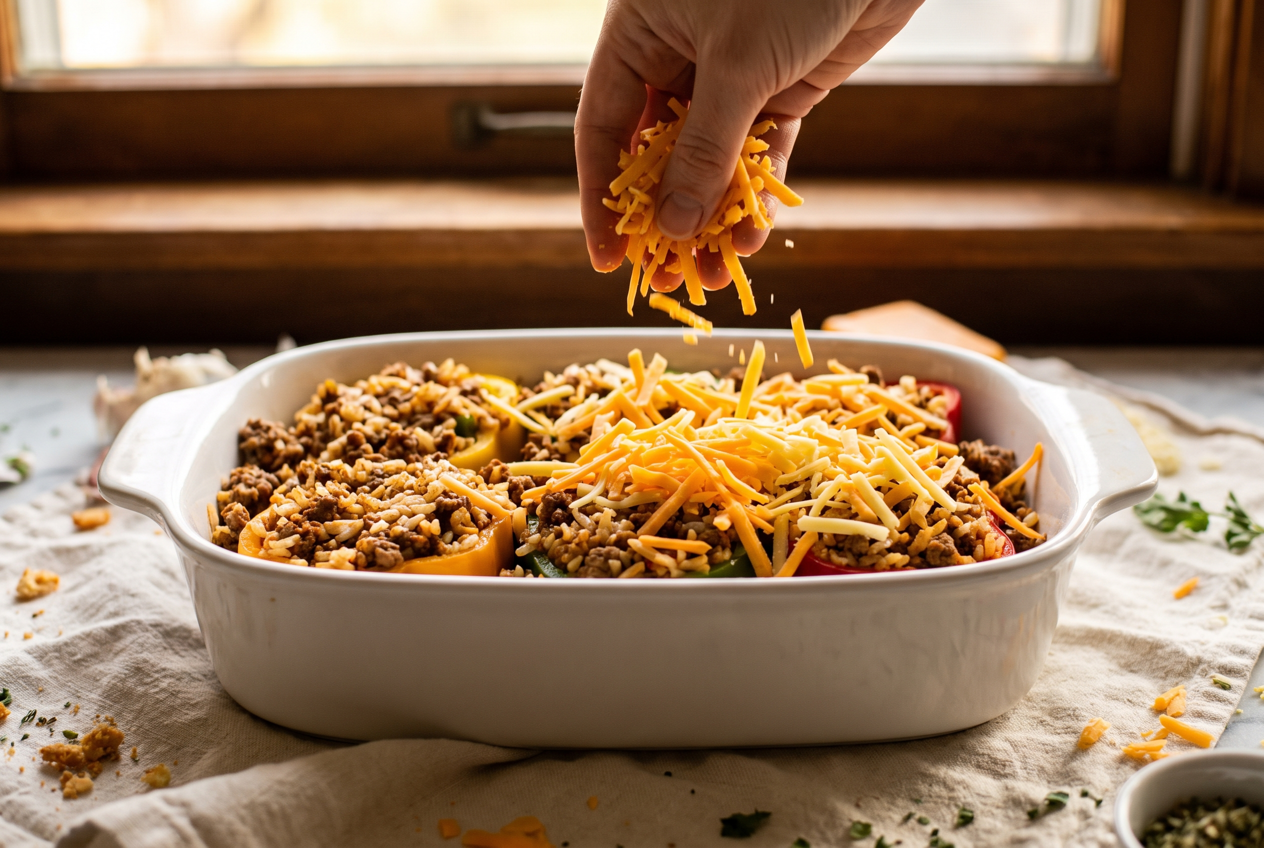Shredded cheddar cheese being scattered over unbaked stuffed pepper casserole in a white baking dish