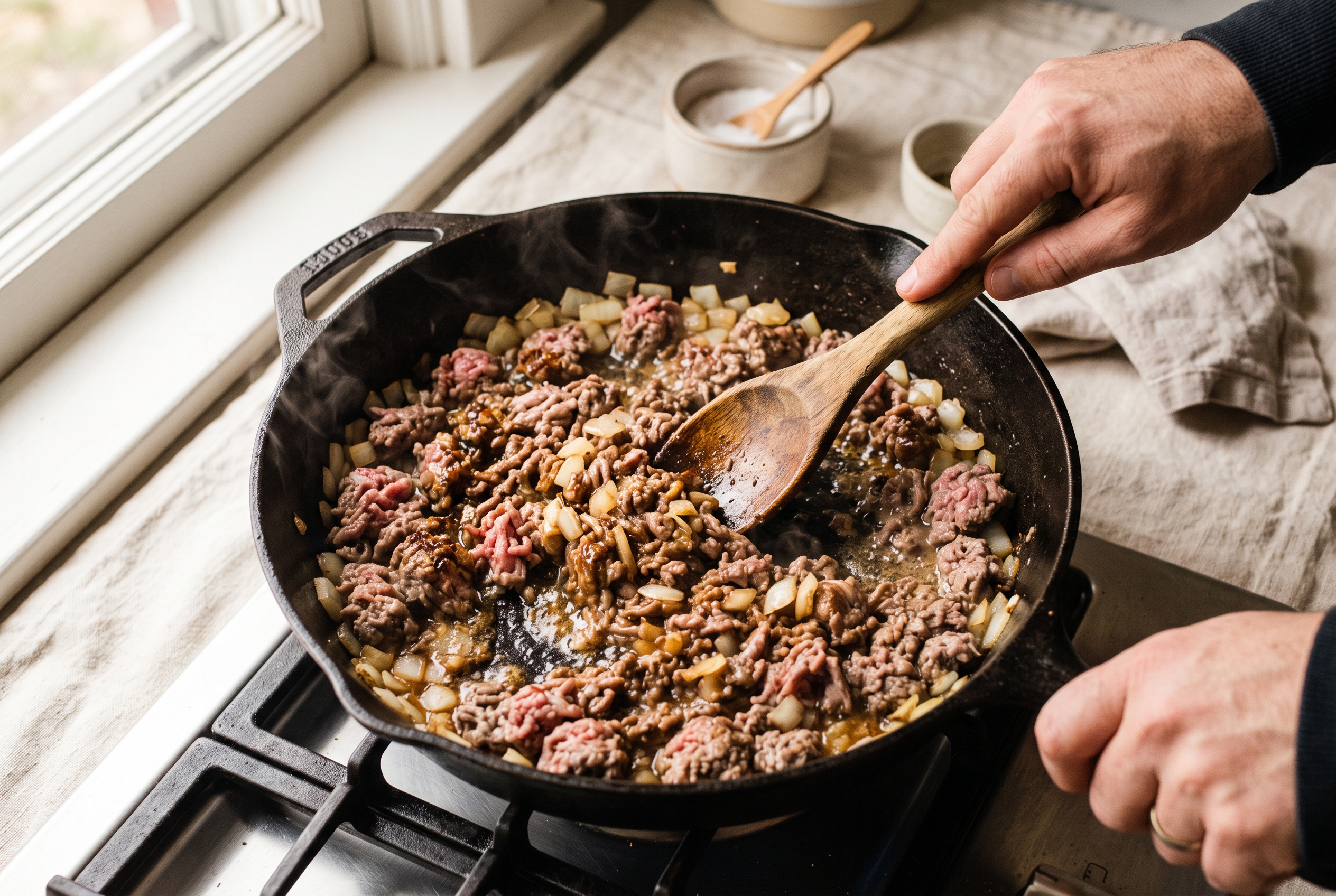 Ground beef browning with diced onion in a deep skillet for stuffed pepper casserole