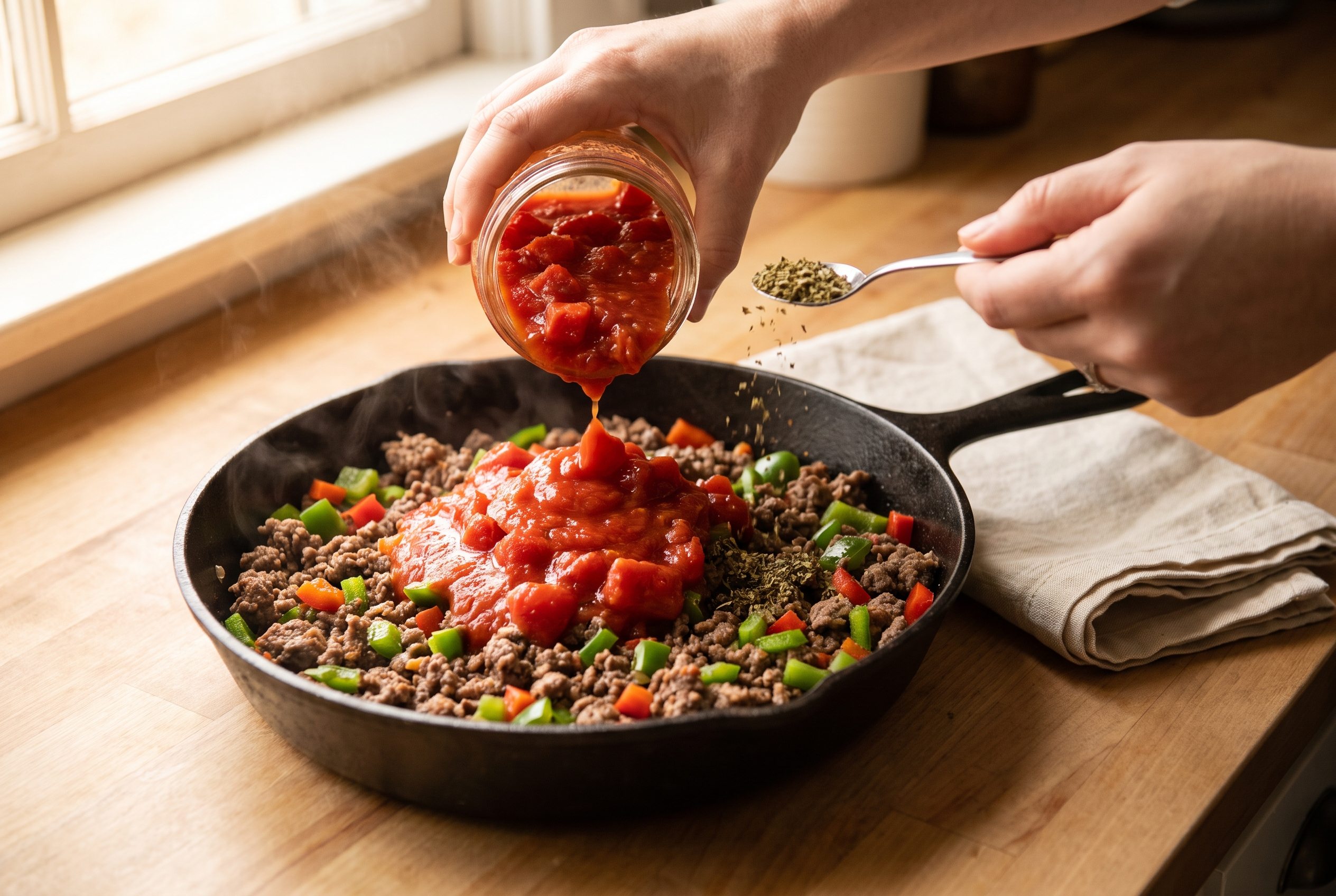 Tomato sauce and diced tomatoes being poured into ground beef and bell peppers with Italian seasoning