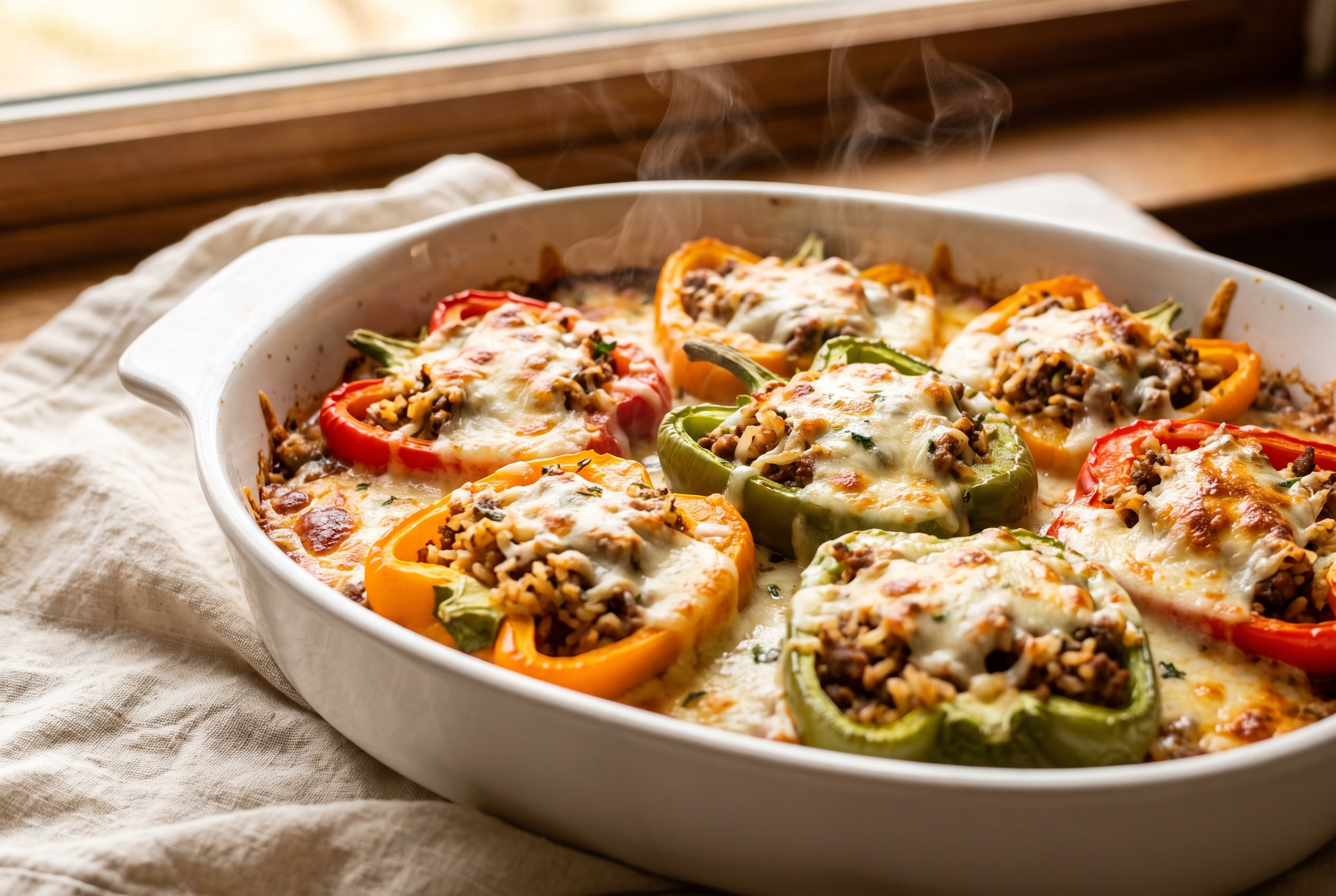 Baked stuffed pepper casserole fresh from the oven with golden bubbling melted cheese