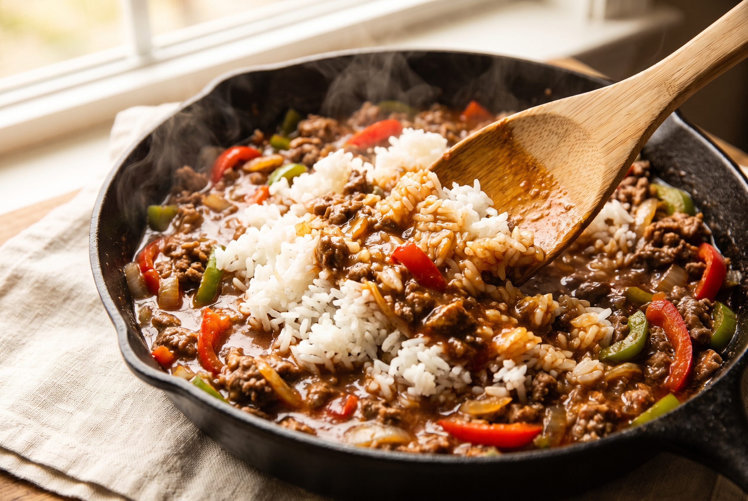 Cooked white rice being stirred into saucy ground beef and bell peppers for stuffed pepper casserole