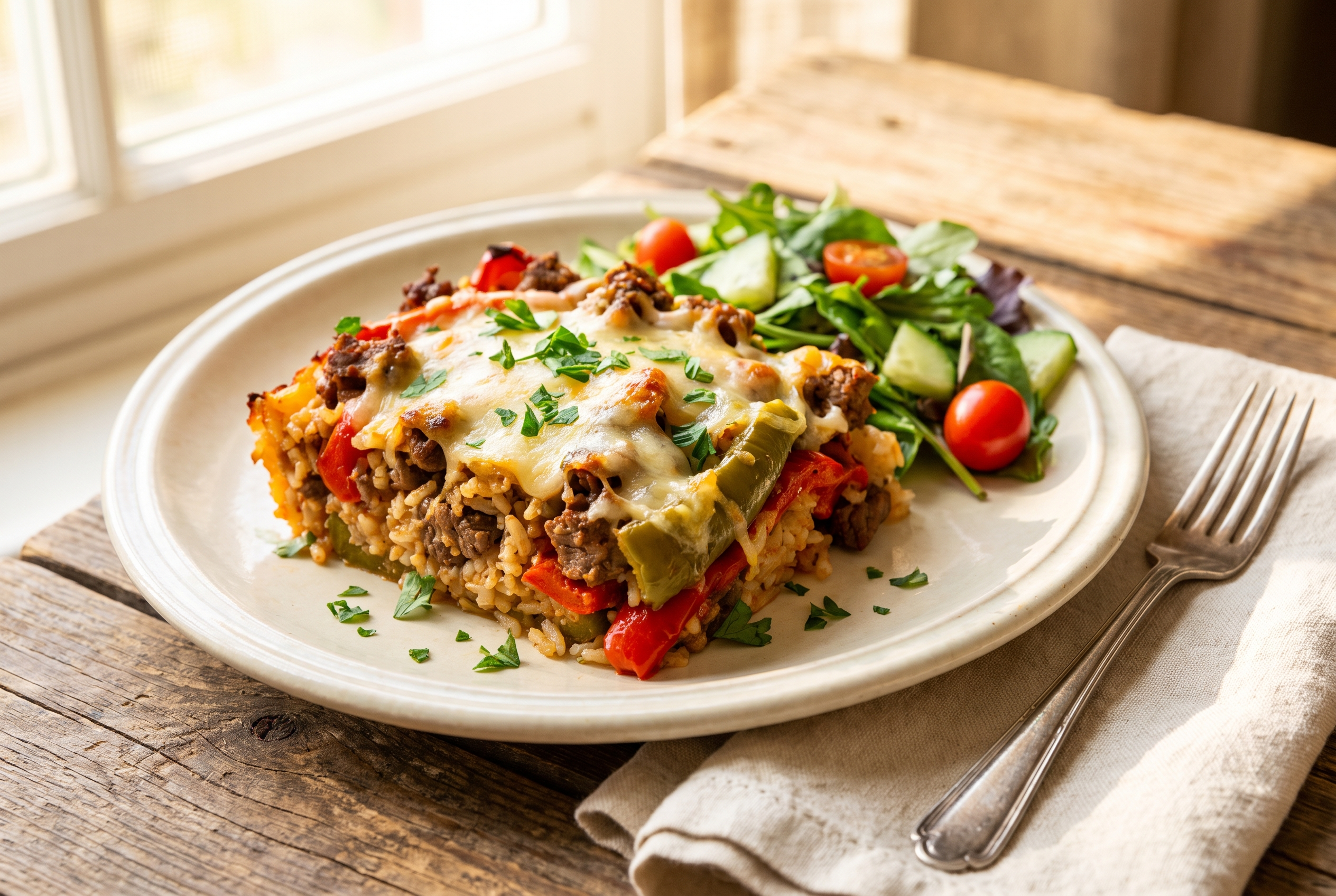 A serving of stuffed pepper casserole on a plate with fresh parsley and a side salad — easy 45-minute comfort food dinner recipe with 32g protein