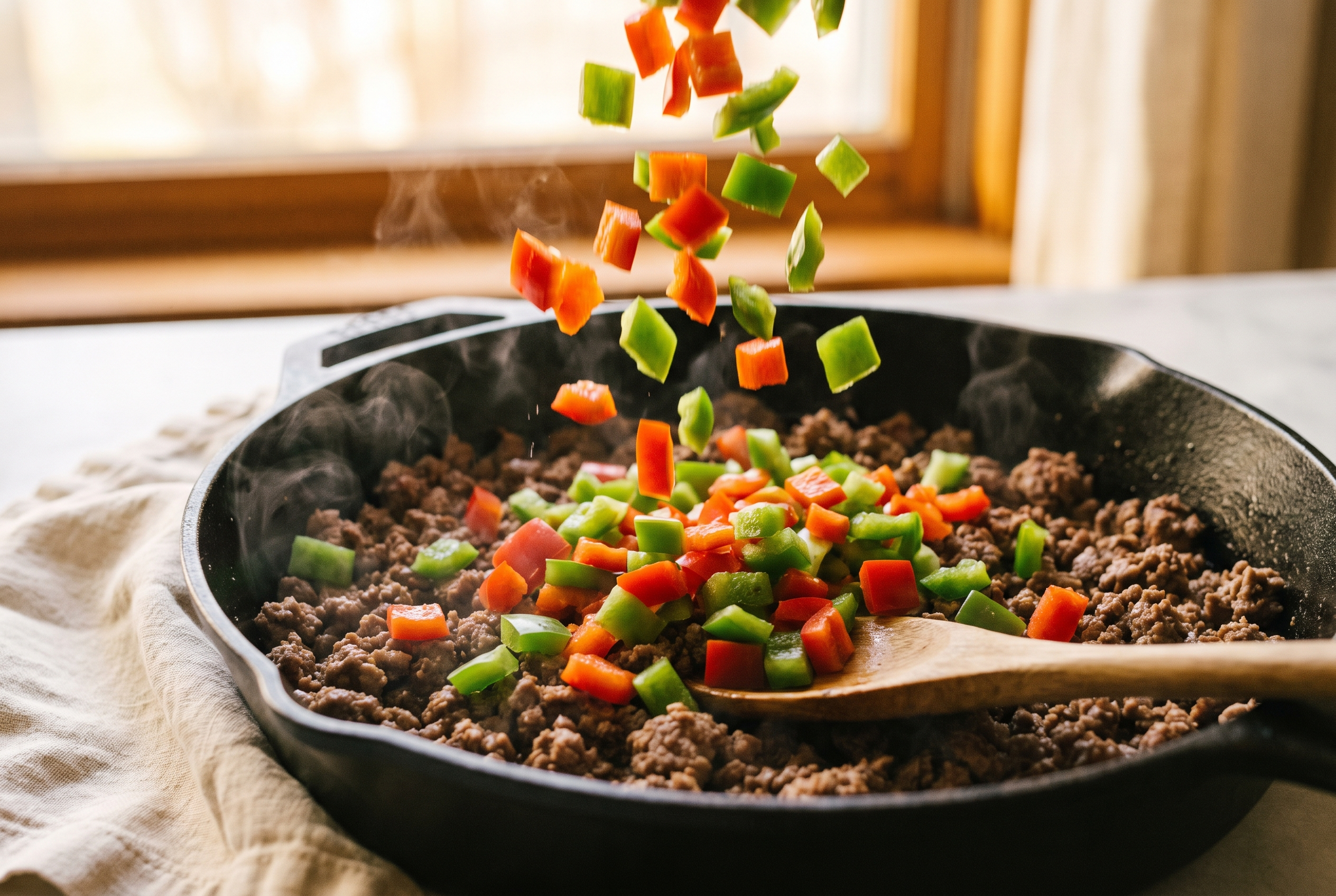Diced red and green bell peppers being added to browned ground beef in a skillet
