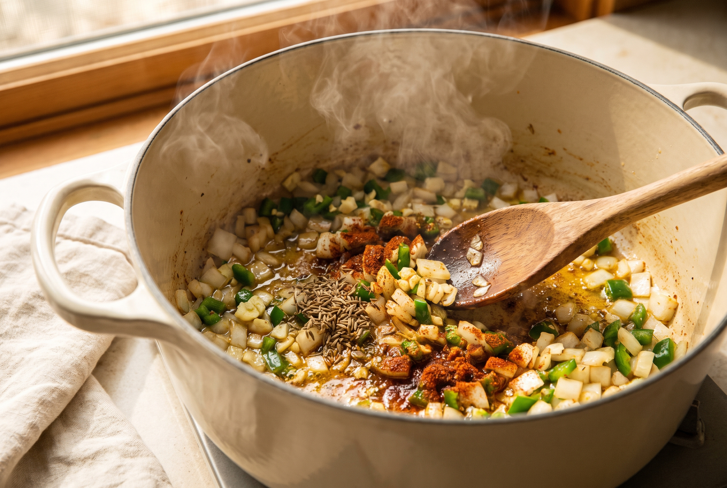 Diced onion, garlic, jalapeño and toasted cumin and chili powder cooking in a Dutch oven for chicken tortilla soup