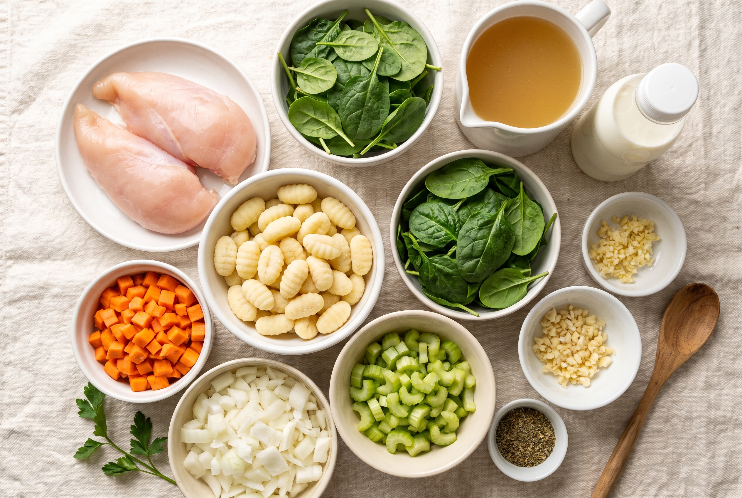 Ingredients for crockpot chicken gnocchi soup in small bowls — chicken breasts, potato gnocchi, spinach, carrots, celery, onion, garlic, chicken broth, half and half and Italian seasoning
