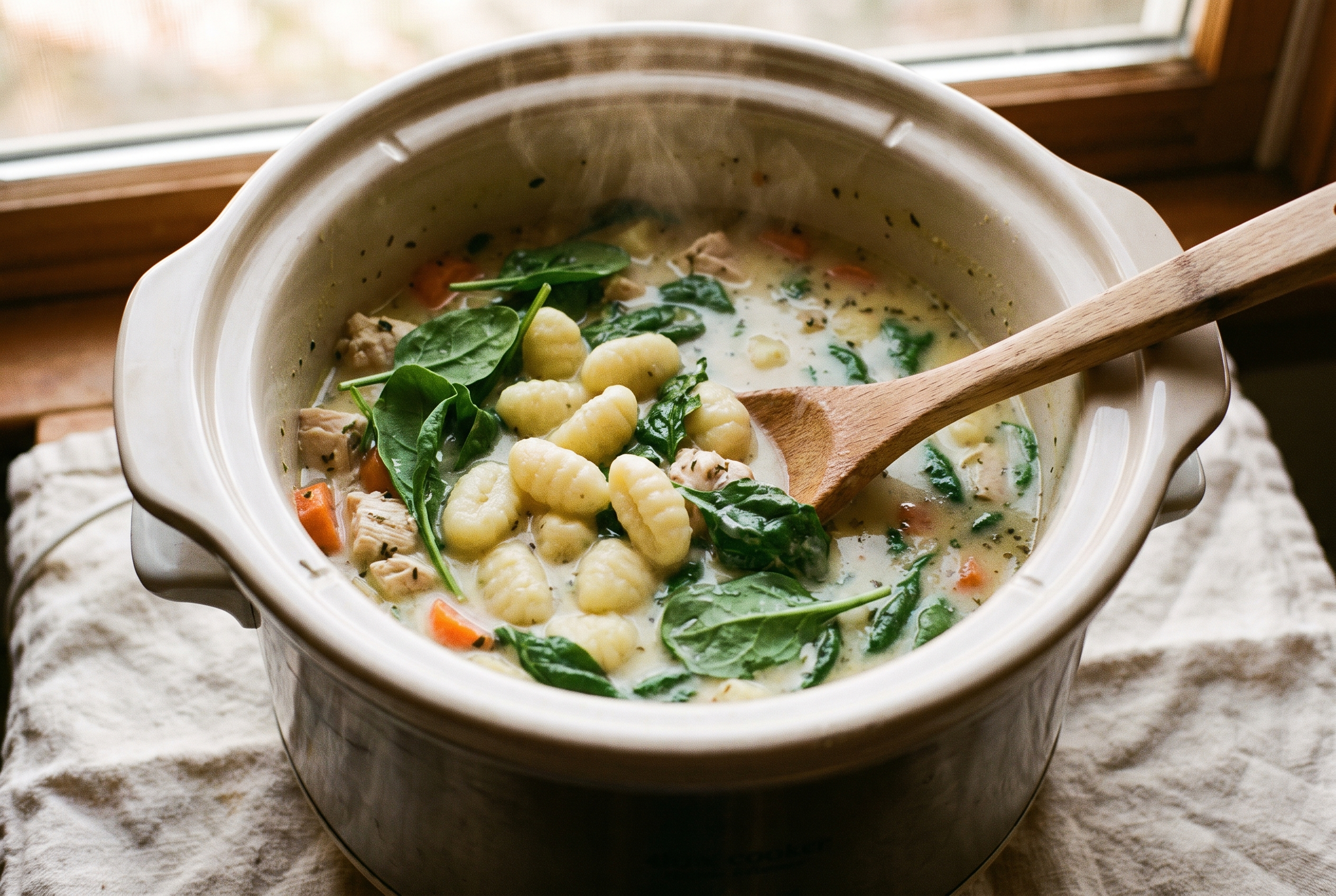 Potato gnocchi and fresh spinach being stirred into creamy chicken soup in a slow cooker