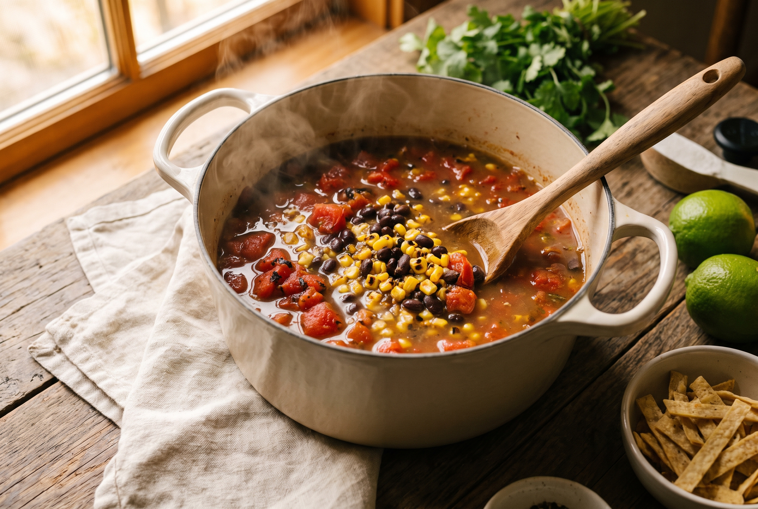 Fire-roasted tomatoes, black beans and corn simmering with broth in a Dutch oven for chicken tortilla soup
