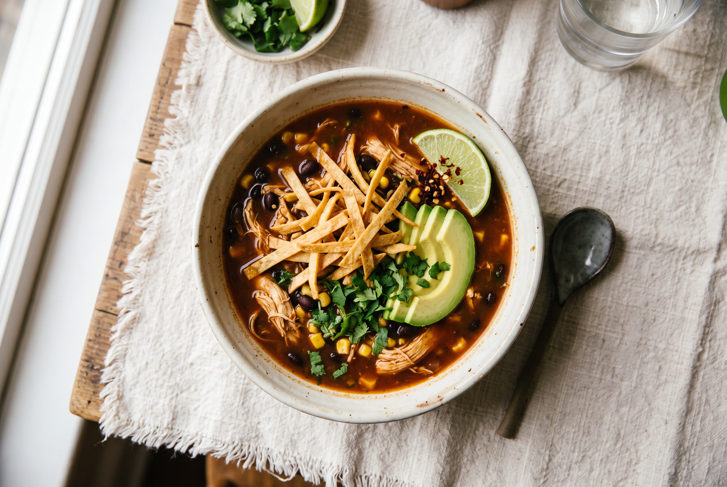 Chicken tortilla soup in a bowl topped with crispy tortilla strips, avocado, cilantro and lime — easy 30-minute high protein dinner recipe