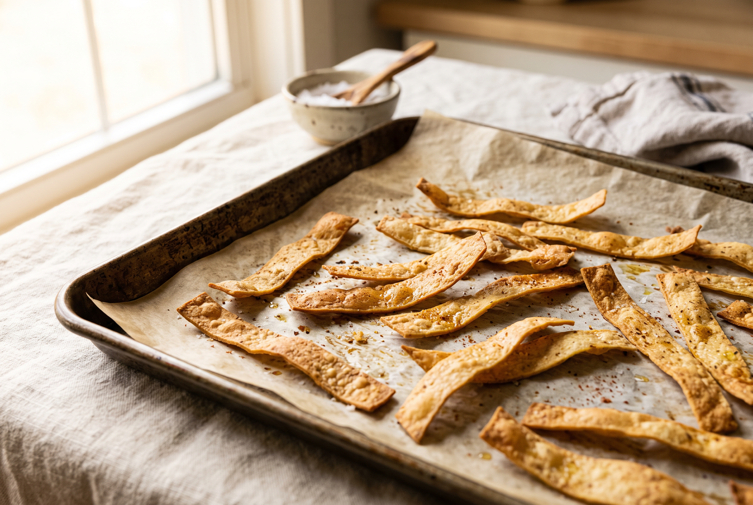 Corn tortilla strips baked golden and crisp on a sheet pan for topping chicken tortilla soup