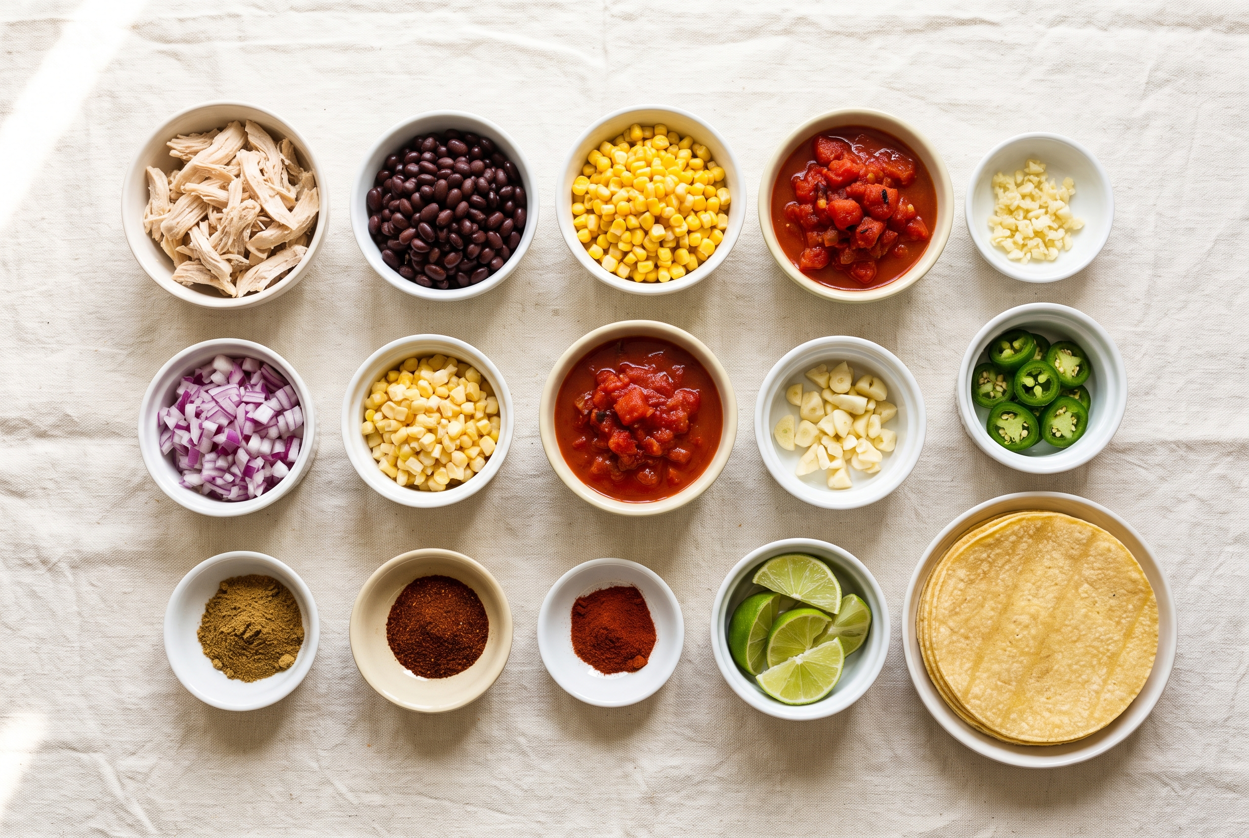 Ingredients for chicken tortilla soup in small bowls — shredded chicken, black beans, corn, fire-roasted tomatoes, onion, garlic, jalapeño, chicken broth, cumin, chili powder, lime and corn tortillas