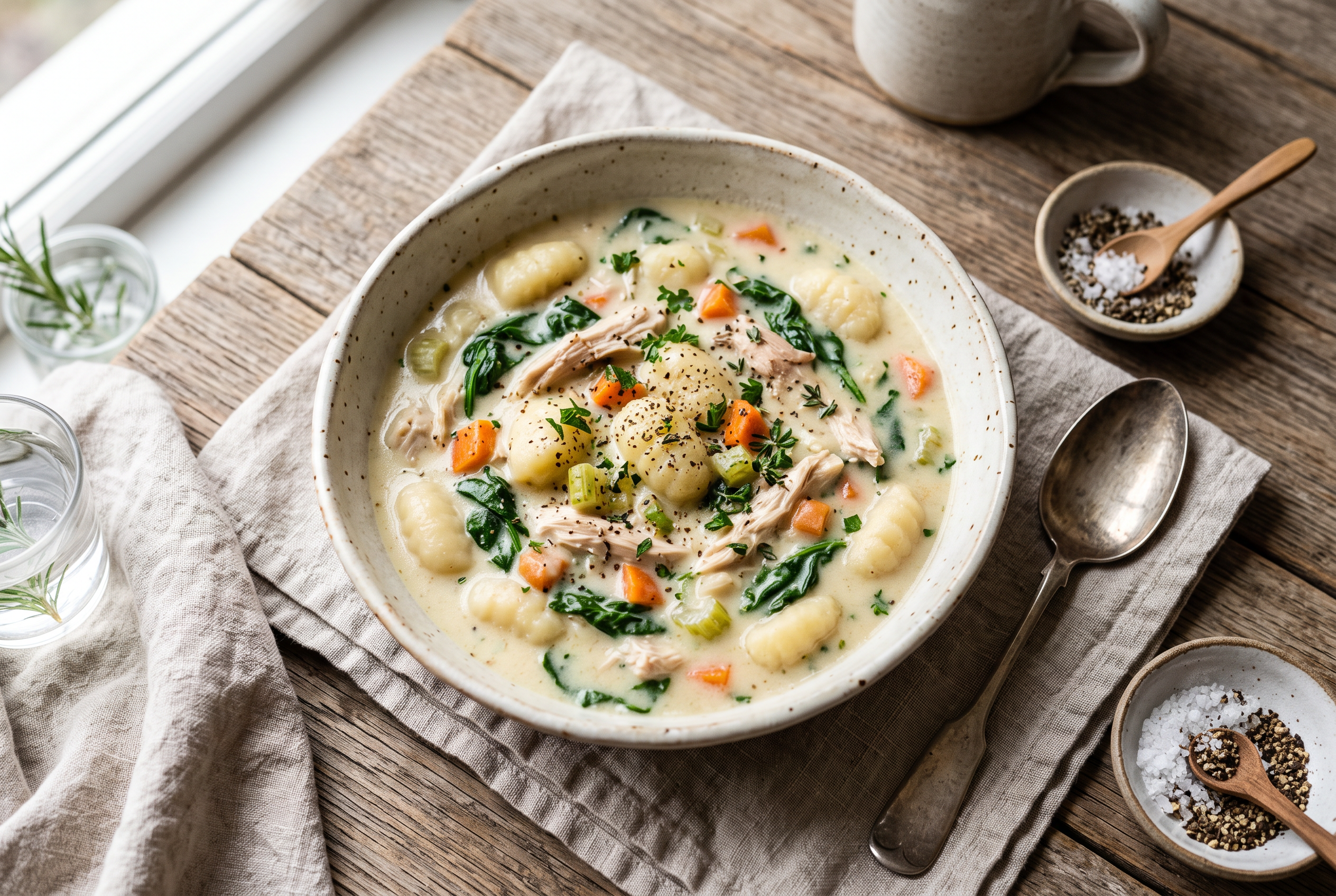 Crockpot chicken gnocchi soup in a cream bowl — creamy broth with shredded chicken, spinach, carrots and pillowy gnocchi, easy slow cooker comfort food recipe