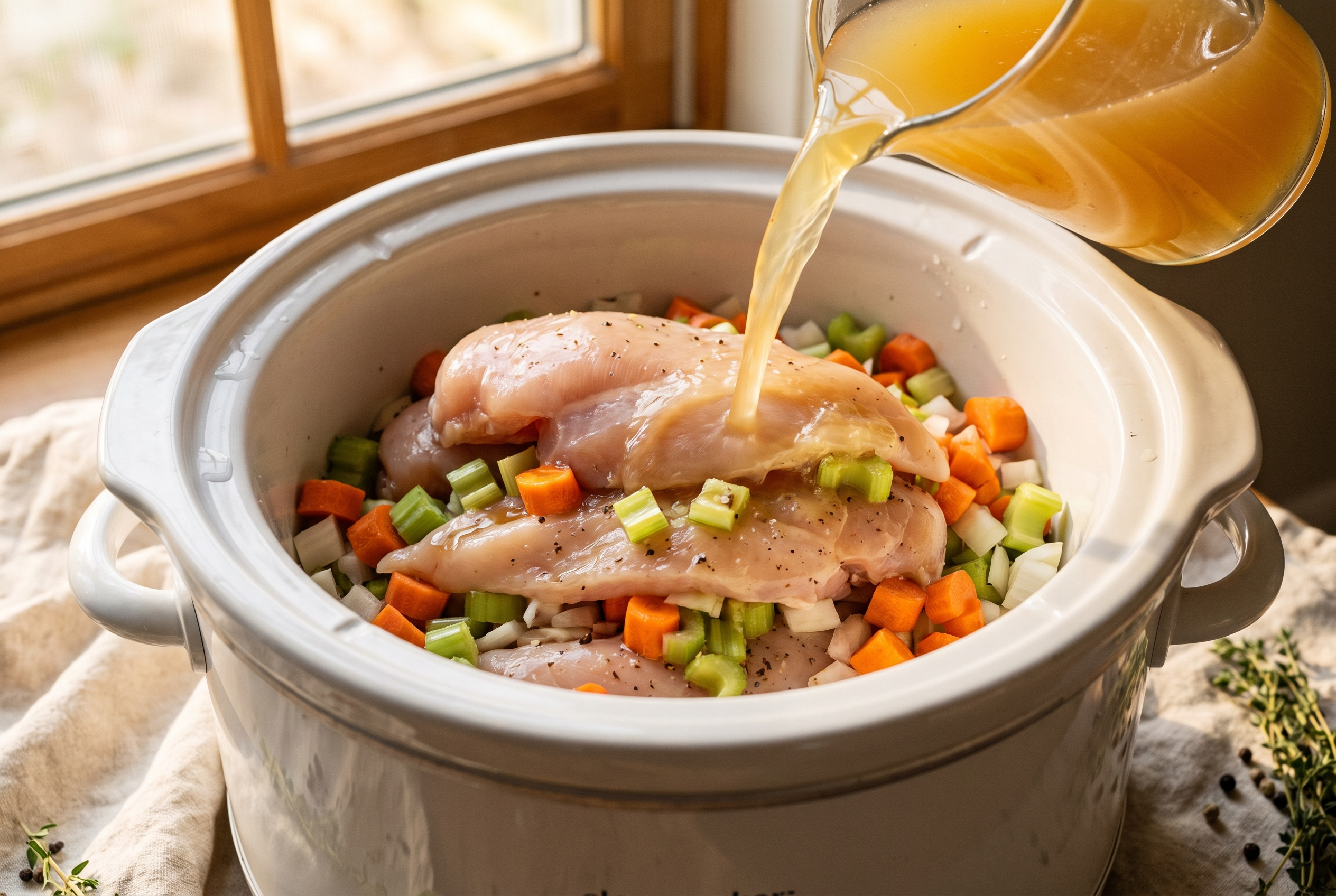 Raw chicken breasts, carrots, celery, onion and broth layered in a slow cooker for chicken gnocchi soup