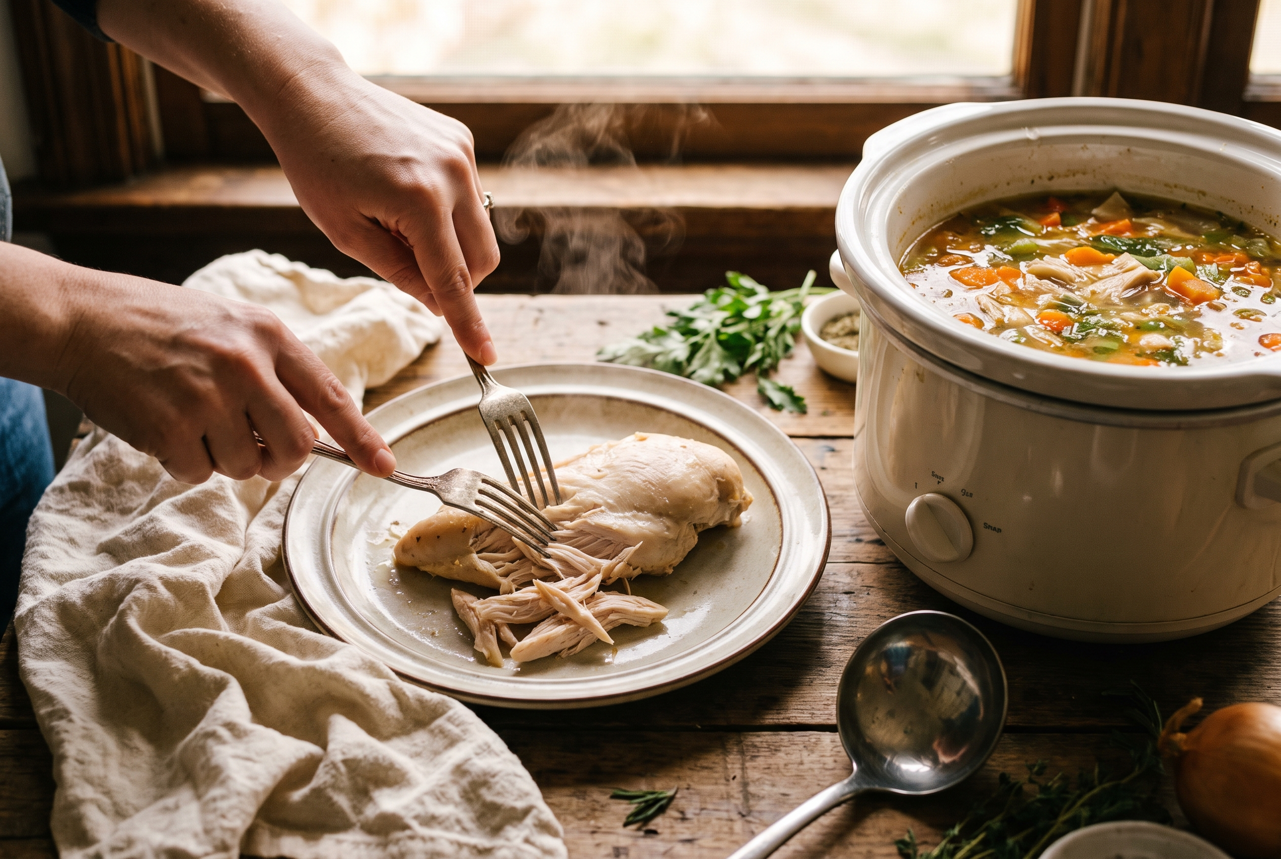 Cooked chicken breast being shredded with two forks over a slow cooker of soup