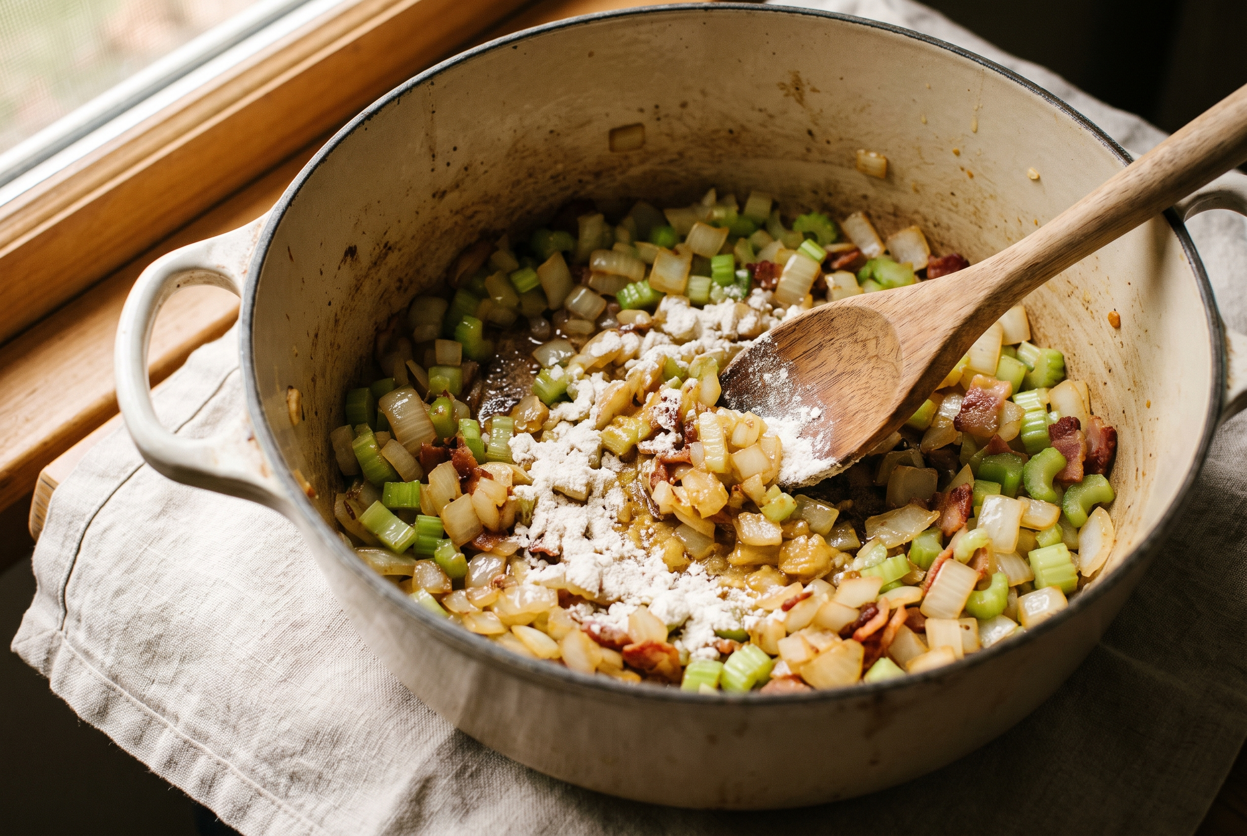 Onion and celery cooking in bacon fat with flour stirred in to make a roux for clam chowder