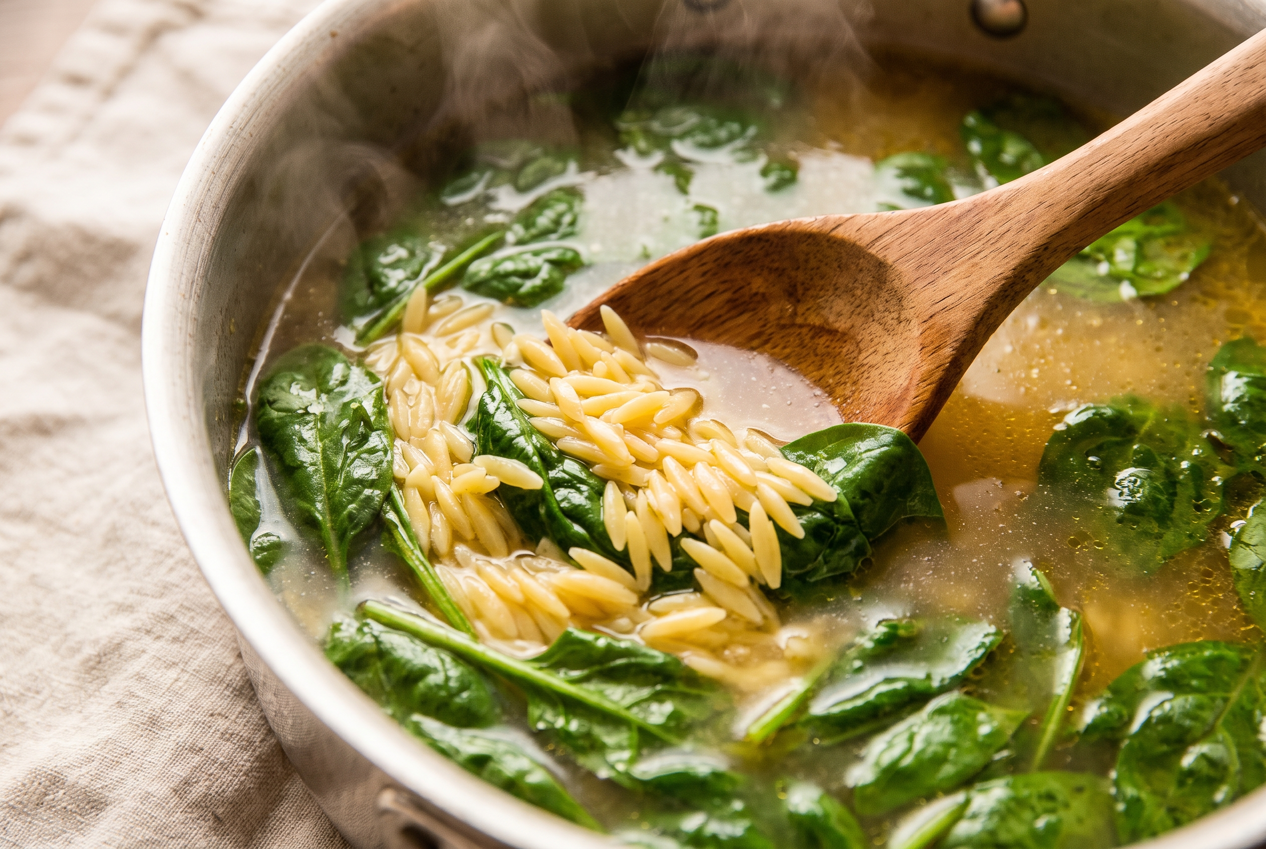 Orzo pasta being stirred into simmering chicken broth with fresh spinach for lemon chicken soup